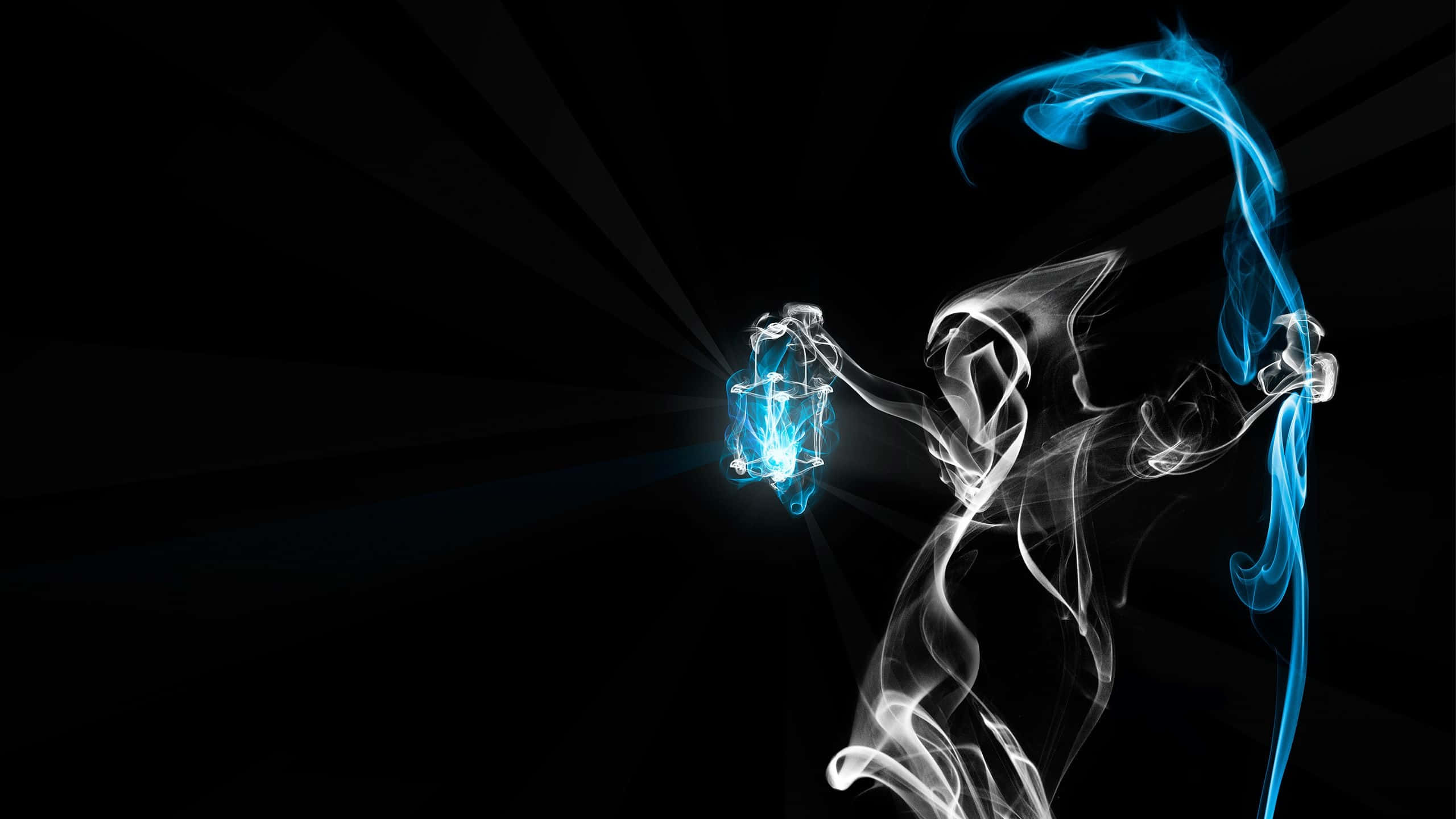 glowing blue lantern, swirling smoke, dark background, 2K Desktop Wallpaper