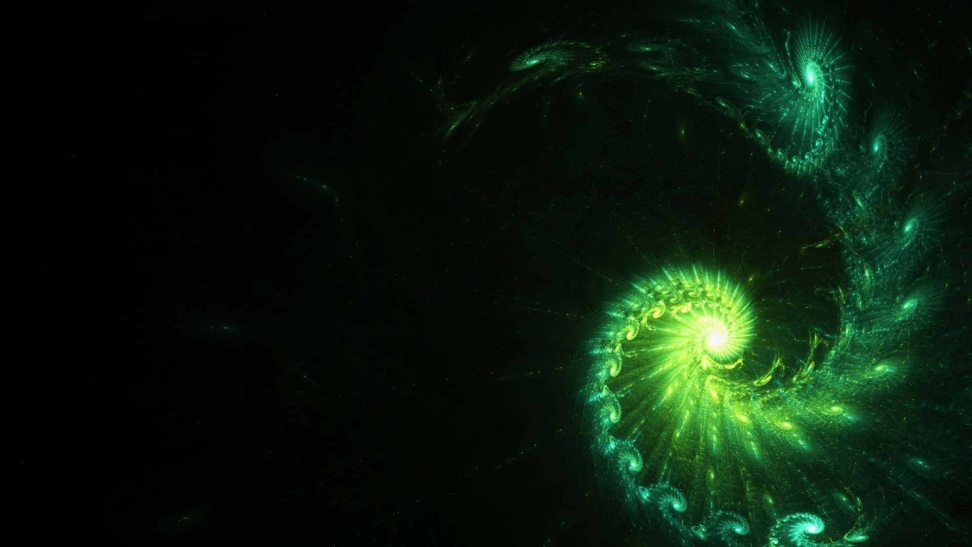 radiant green spiral fractal, deep black void, glowing particles, Full HD Desktop Wallpaper