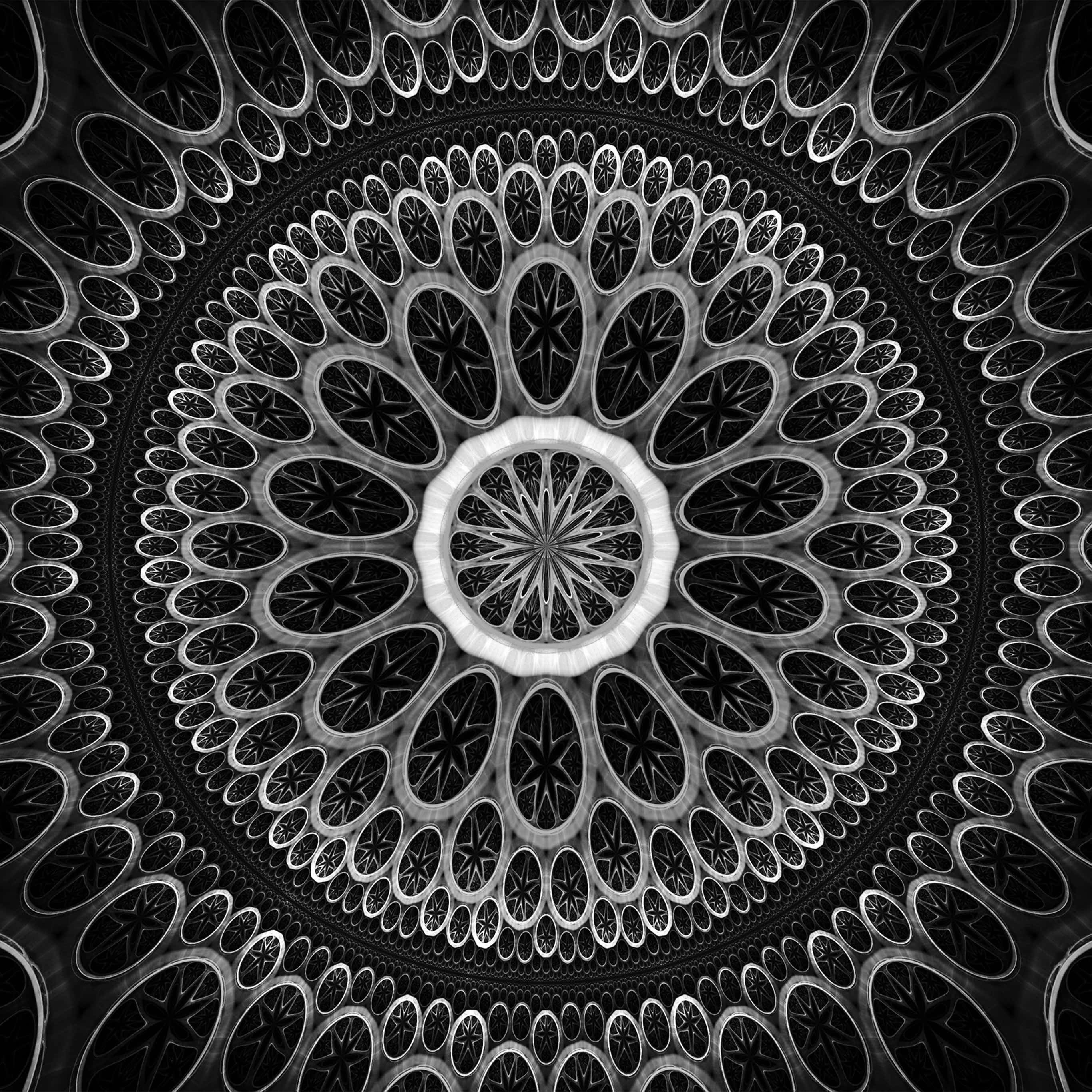 black and white radial pattern, concentric circles, star-like motifs, 2K Desktop Wallpaper