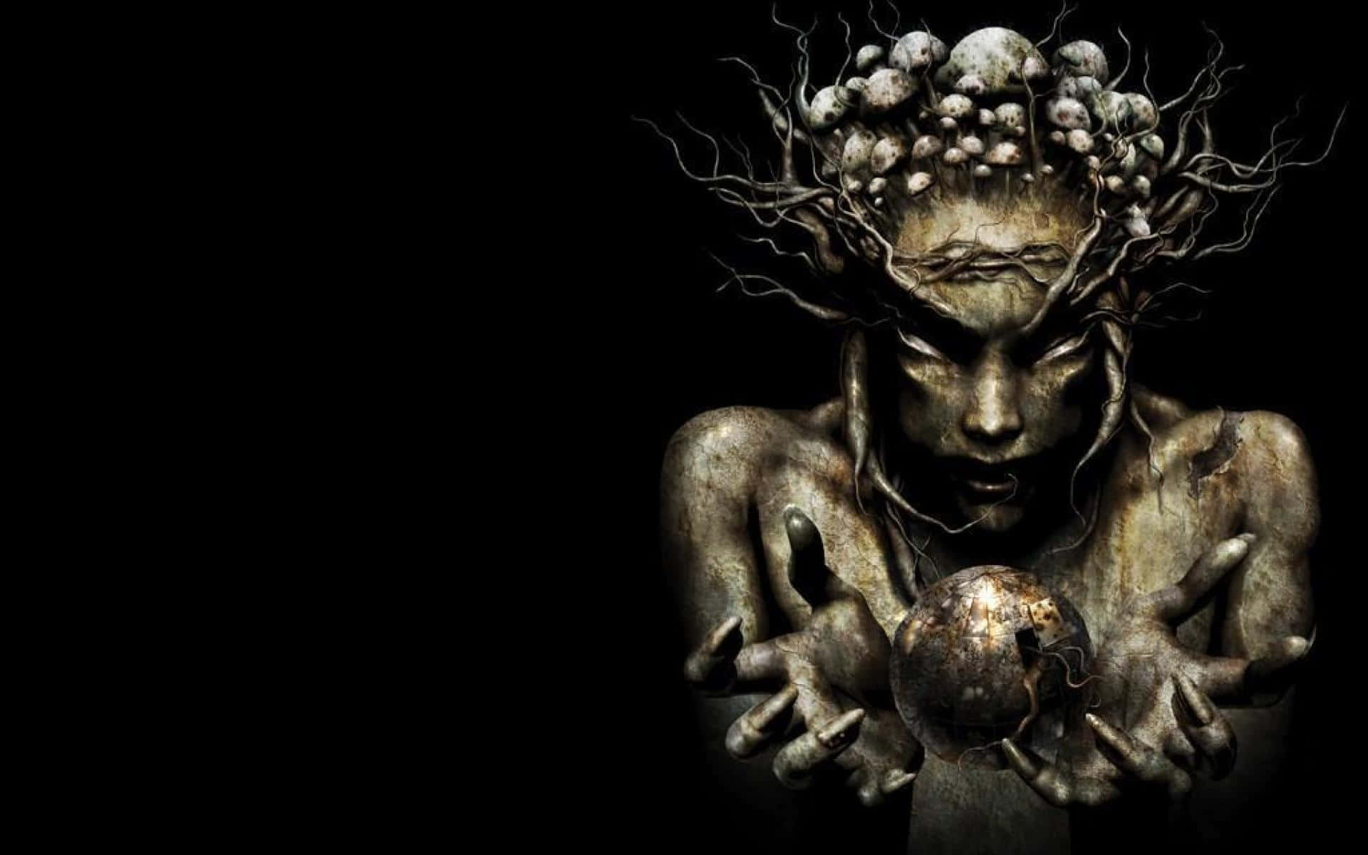 skull-like head, gnarled roots, cracked orb, Full HD Desktop Wallpaper