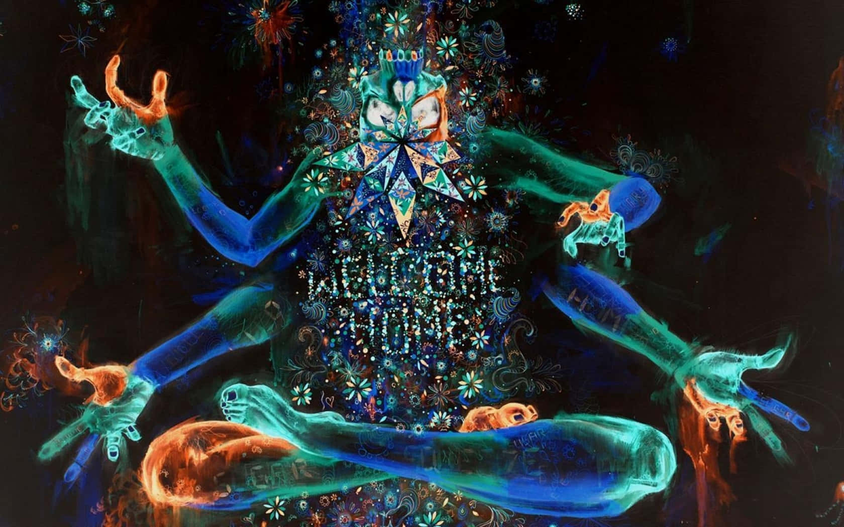 Dark Psychedelic HD, glowing humanoid figure, meditative pose, HD Desktop Wallpaper