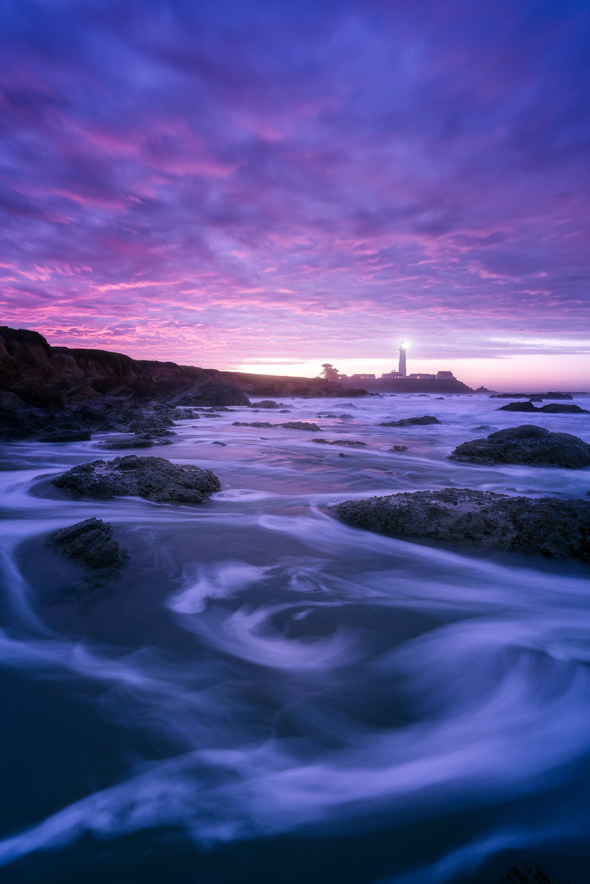 Dark Purple Aesthetic, lighthouse, vibrant purple and pink sunset sky, 2K Phone Wallpaper