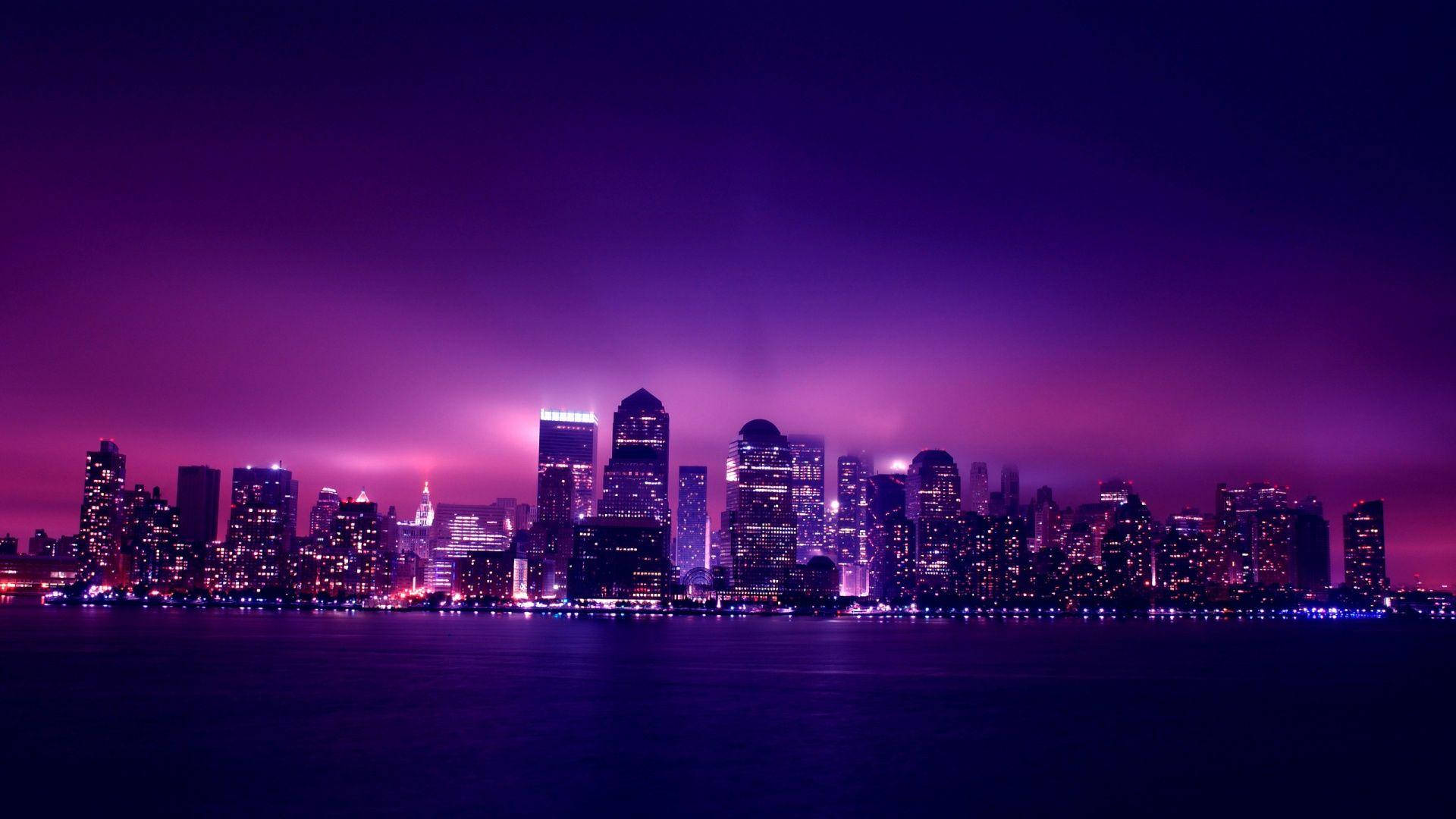 Dark Purple City View, vibrant purple twilight skyline, modern city, Full HD Desktop Wallpaper