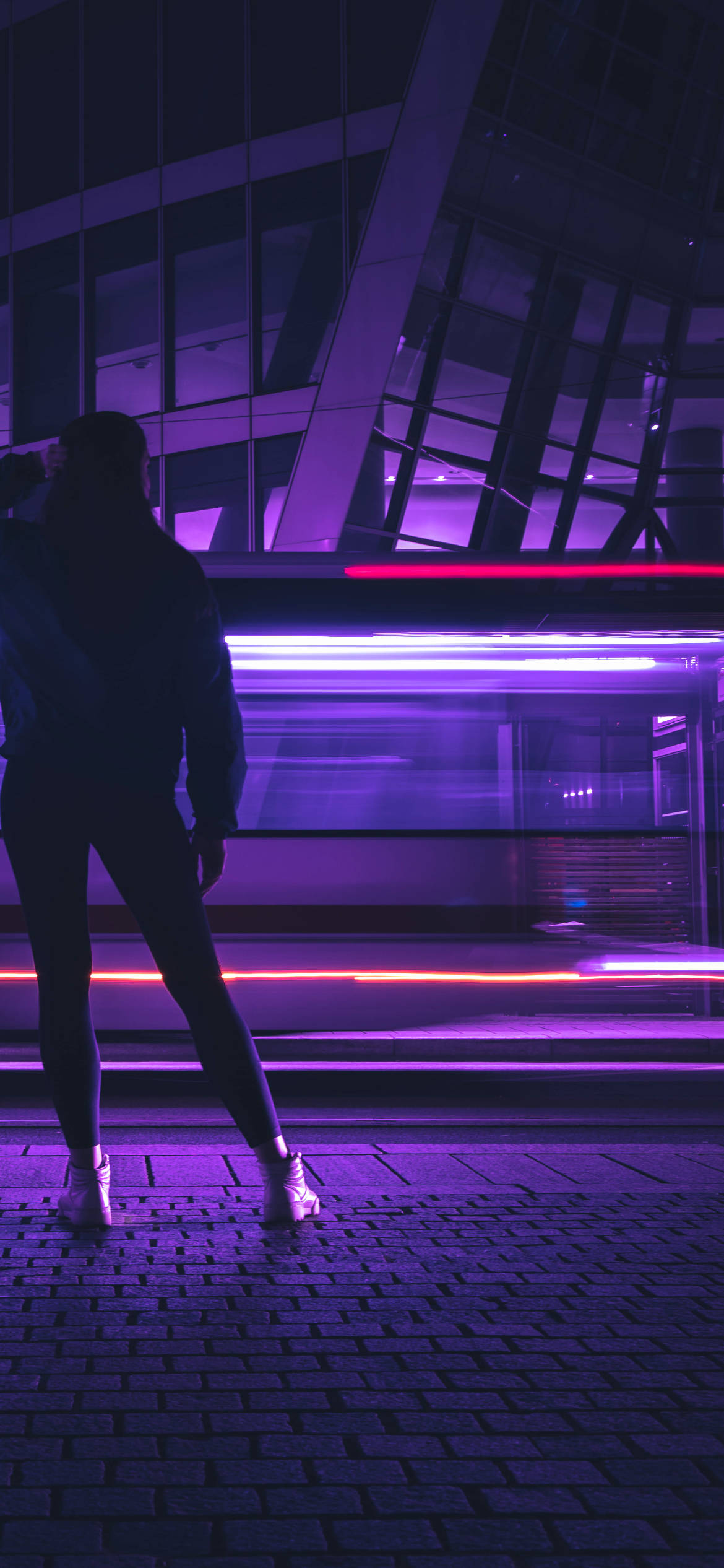 dark purple train station, glowing purple tram, cobblestone street, Full HD Phone Wallpaper