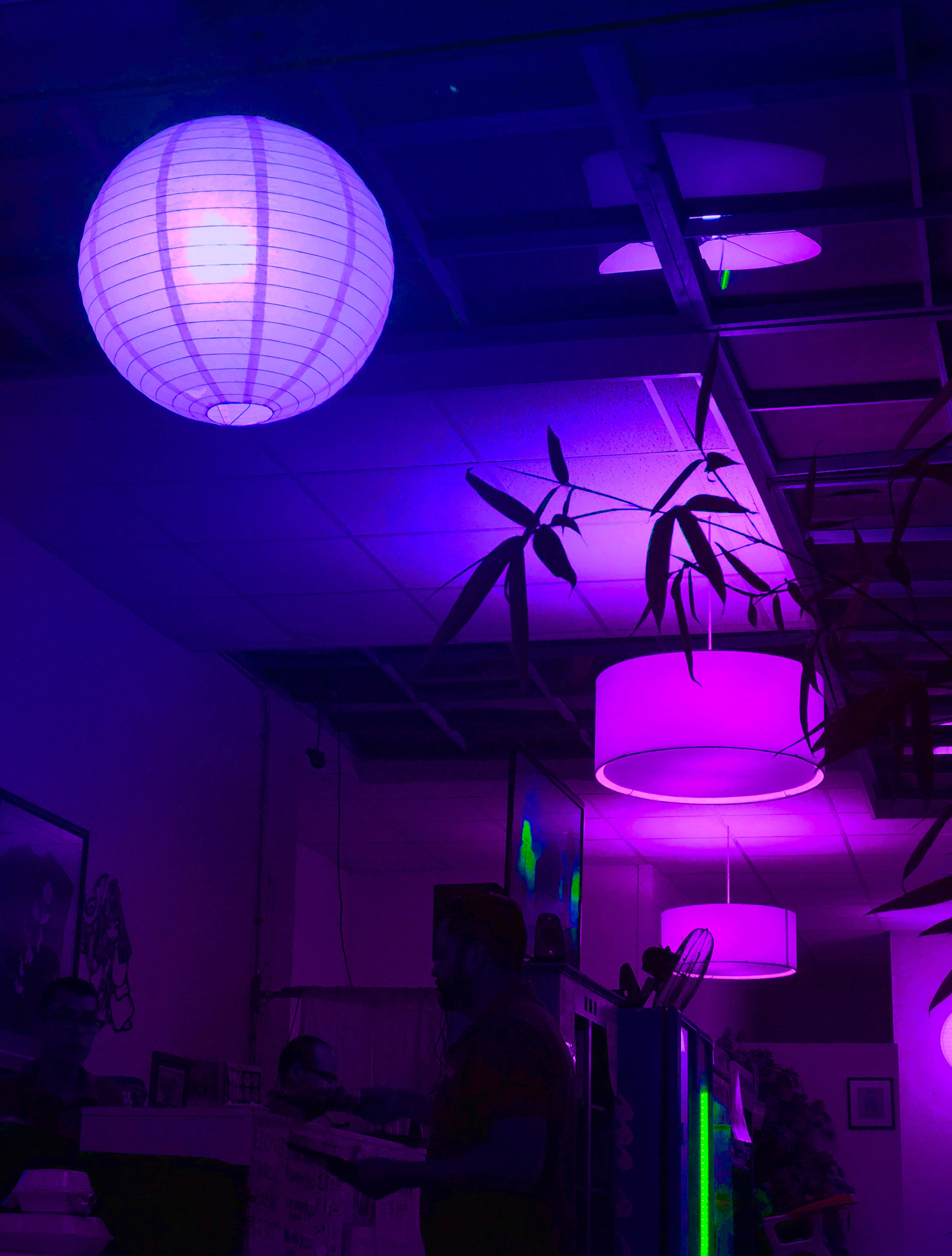 dark purple aesthetic, purple glow, hanging paper lanterns, 2K Phone Wallpaper