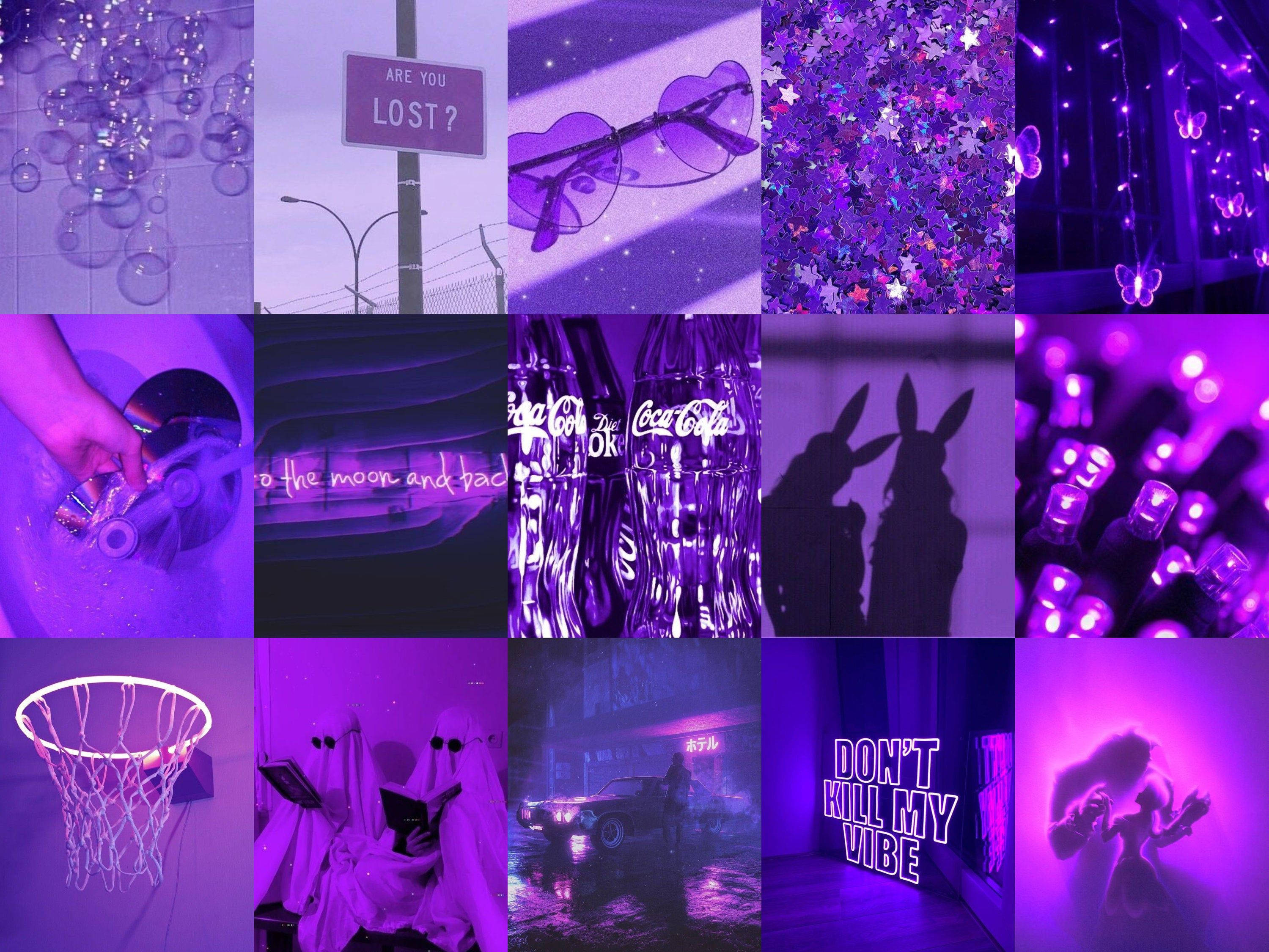 dark purple collage aesthetic, neon lights, glitter stars, 2K Desktop Wallpaper