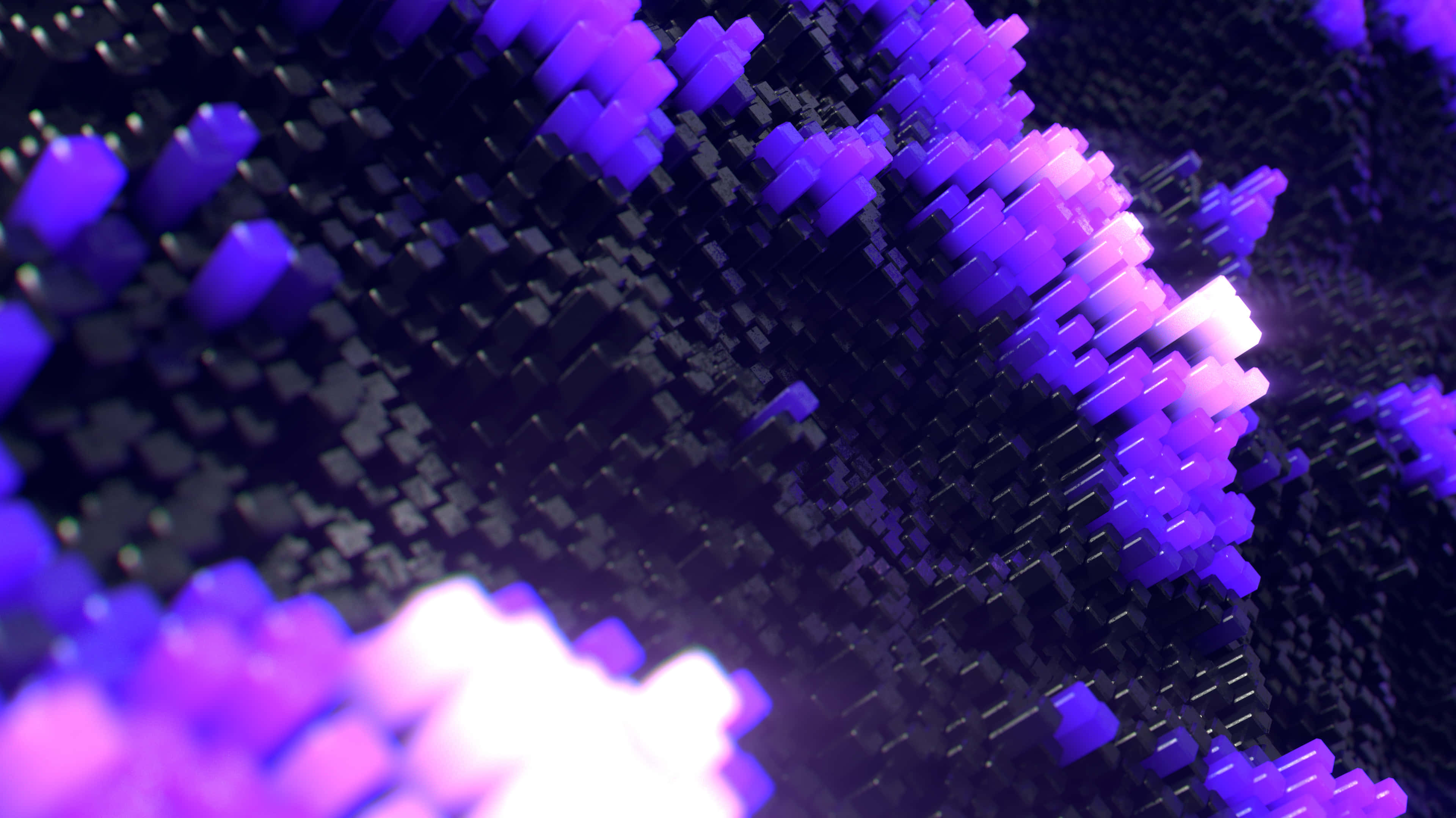 glowing purple, black pixelated cubes, futuristic digital landscape, 4K Desktop Wallpaper