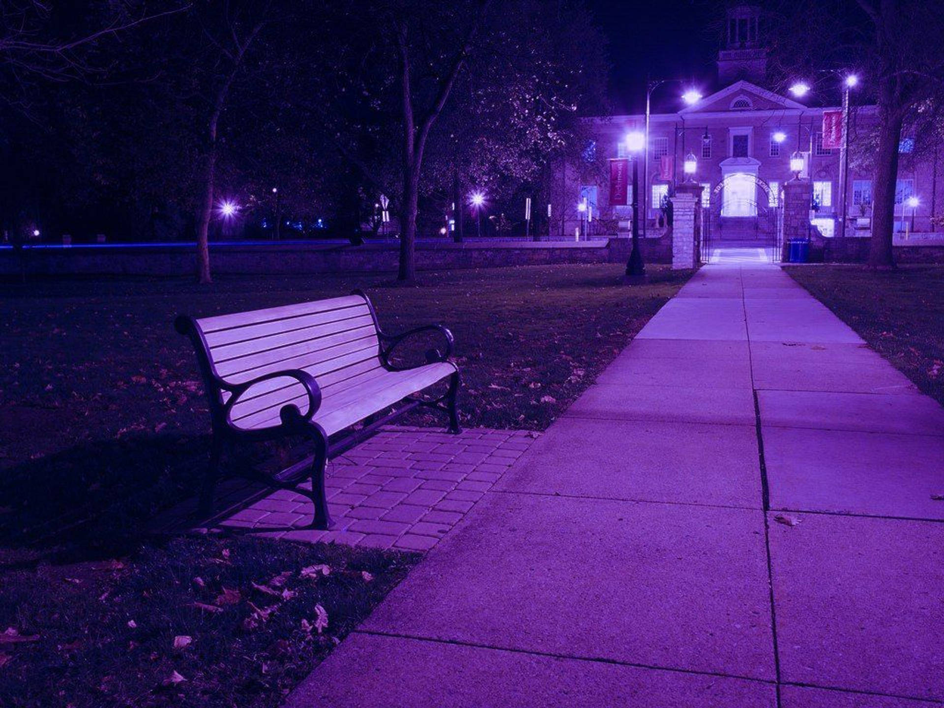 dark purple collage aesthetic, wooden bench, purple-lit sidewalk, Full HD Desktop Wallpaper