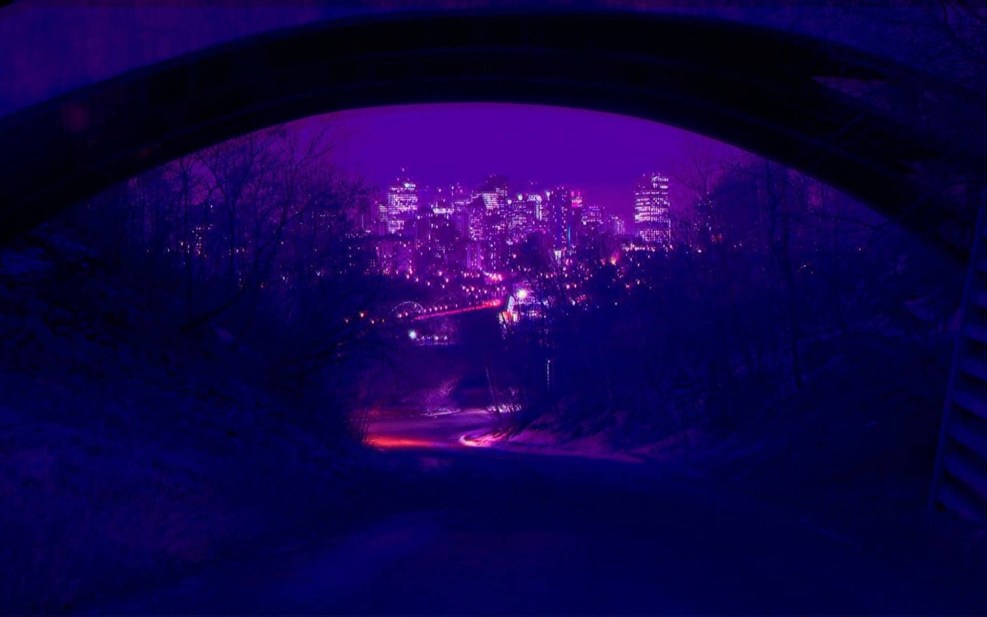Dark Purple Collage Aesthetic, purple-hued city skyline, dark stone archway, Full HD Desktop Wallpaper