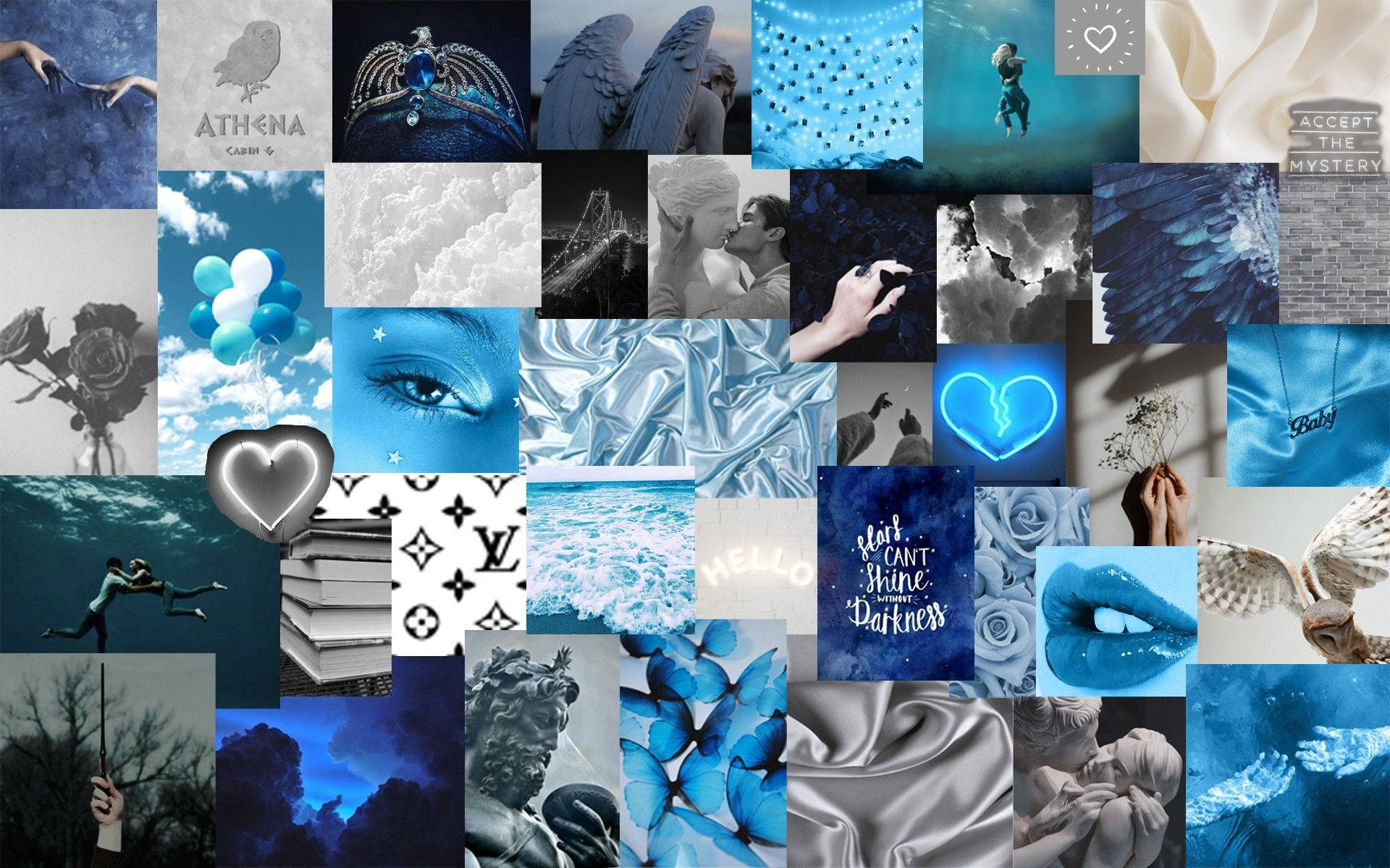 Dark Purple Collage Aesthetic, blue-themed, wings, Full HD Desktop Wallpaper