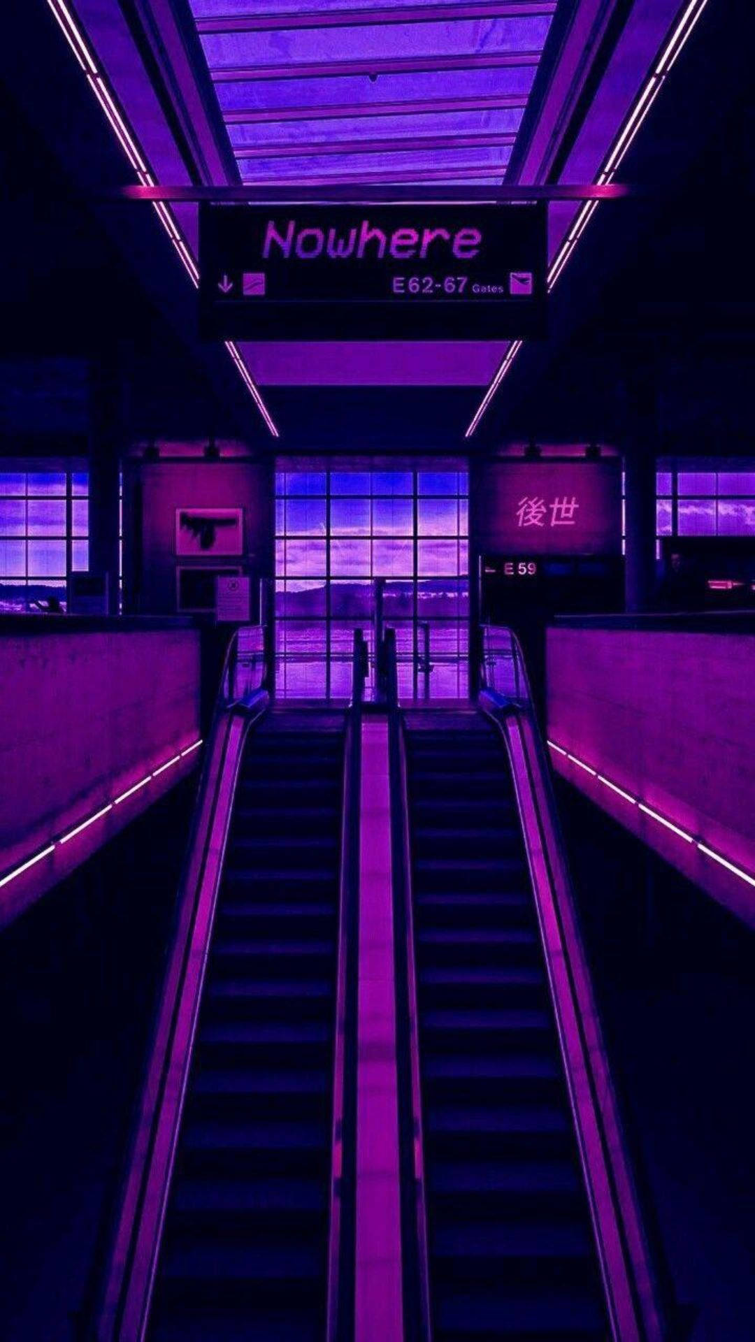 neon purple light, futuristic subway station, escalators, Full HD Phone Wallpaper