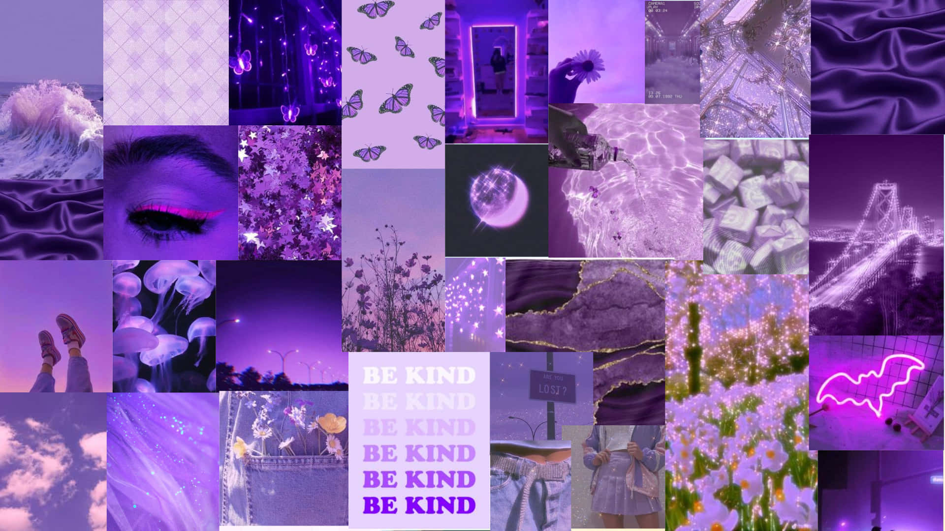 purple aesthetic collage, butterflies, waves, Full HD Desktop Wallpaper