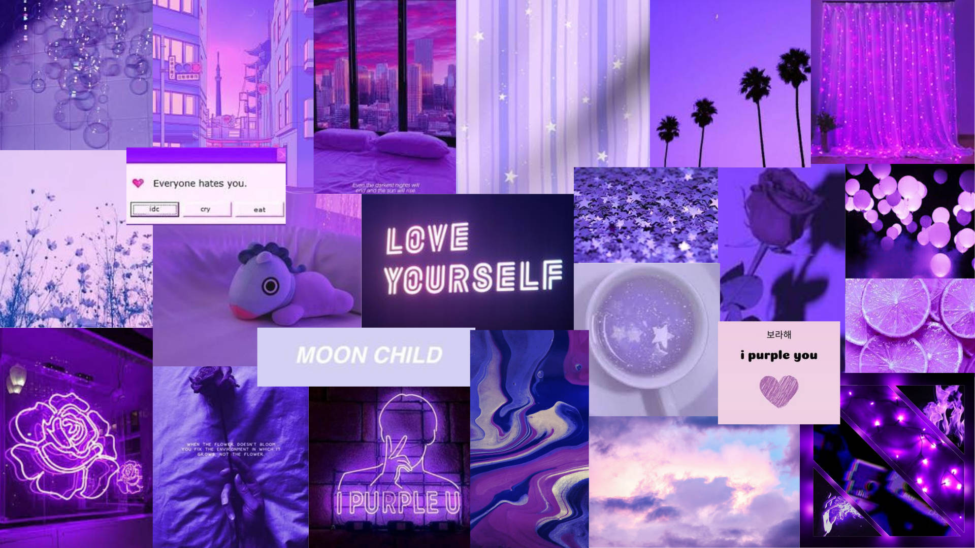 Dark Purple Collage Aesthetic, neon signs, roses, Full HD Desktop Wallpaper