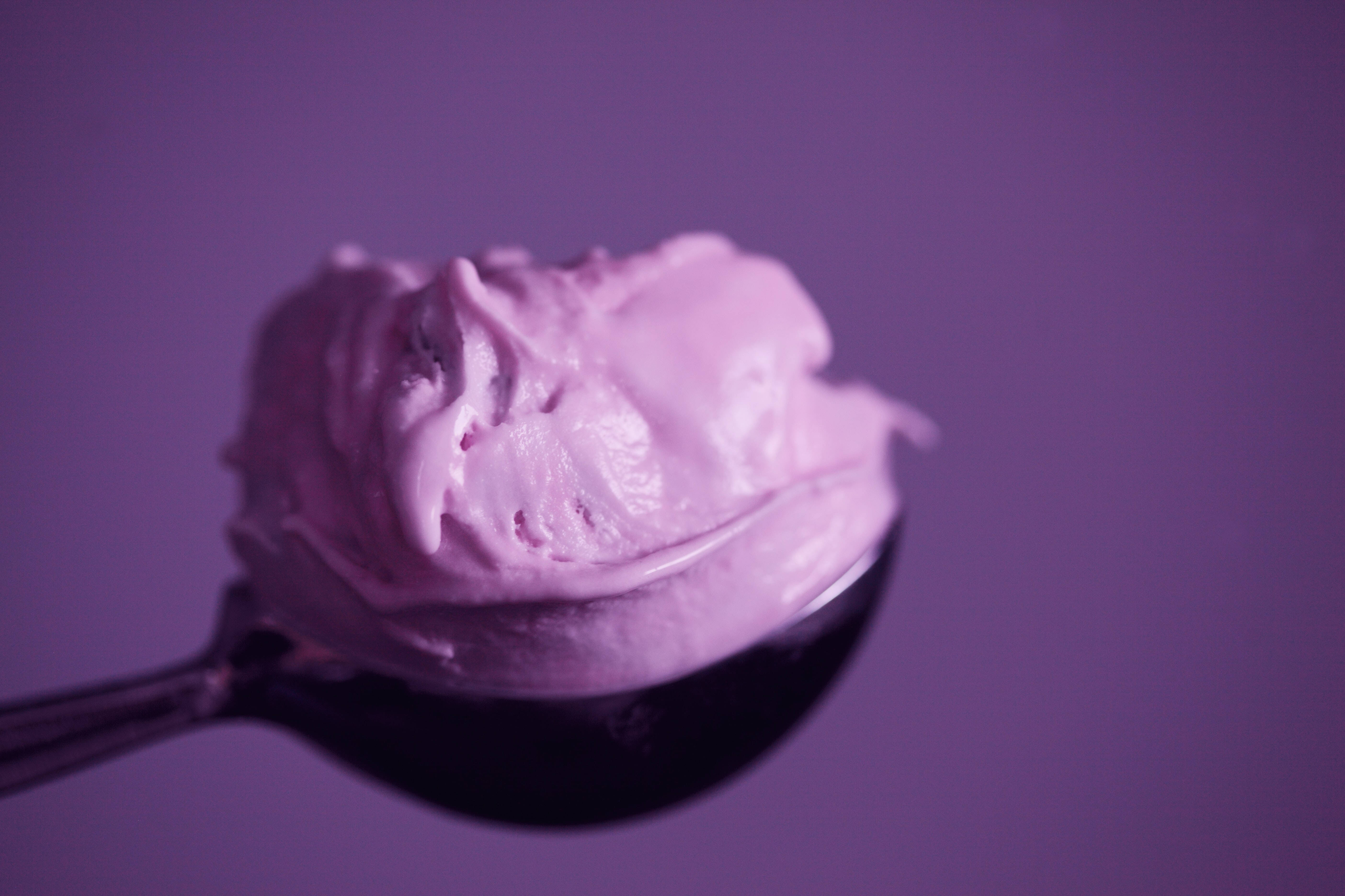 lavender ice cream, spoon, solid purple background, 5K Desktop Wallpaper