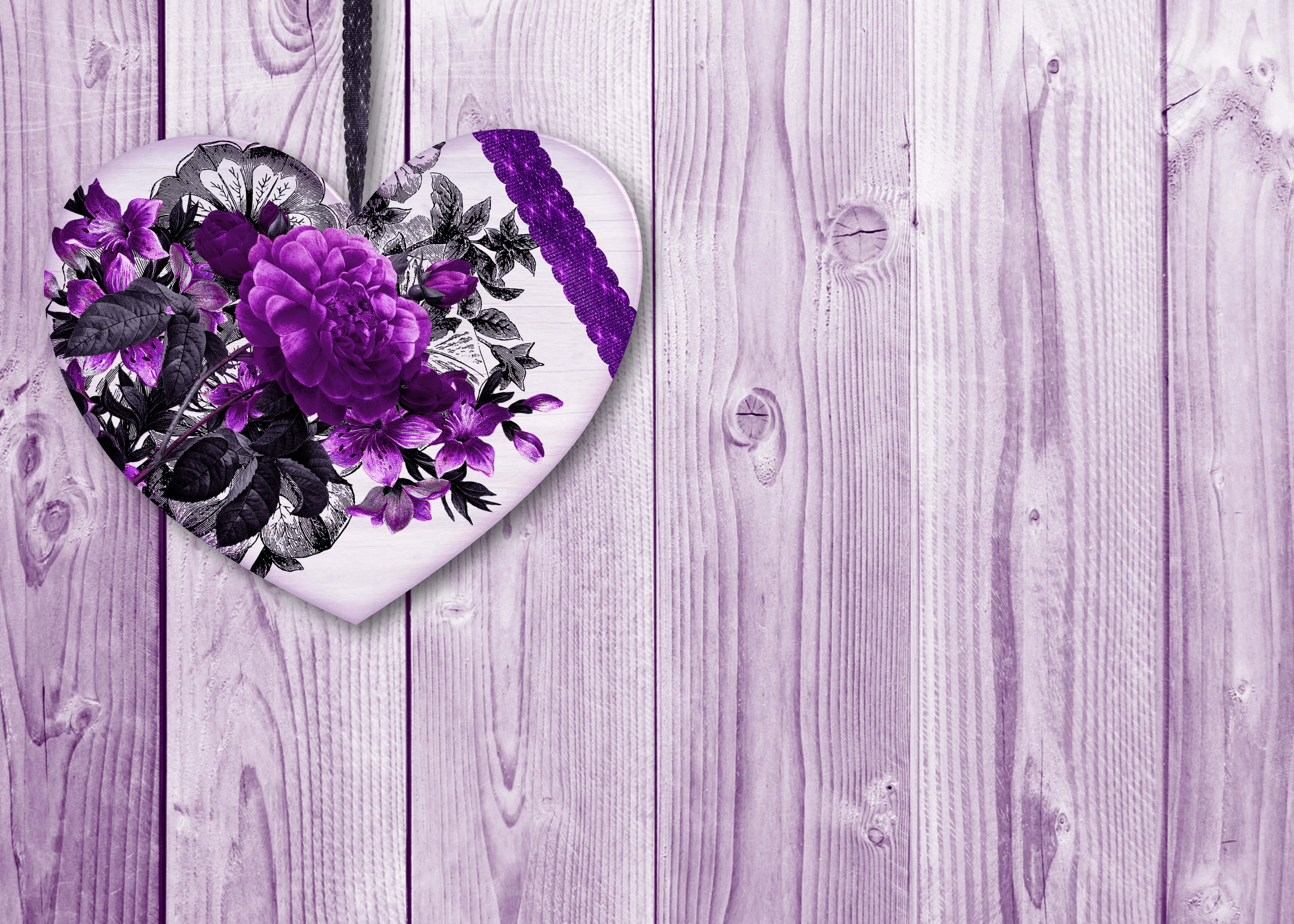 heart-shaped ornament, purple flowers, lace, 5K Desktop Wallpaper