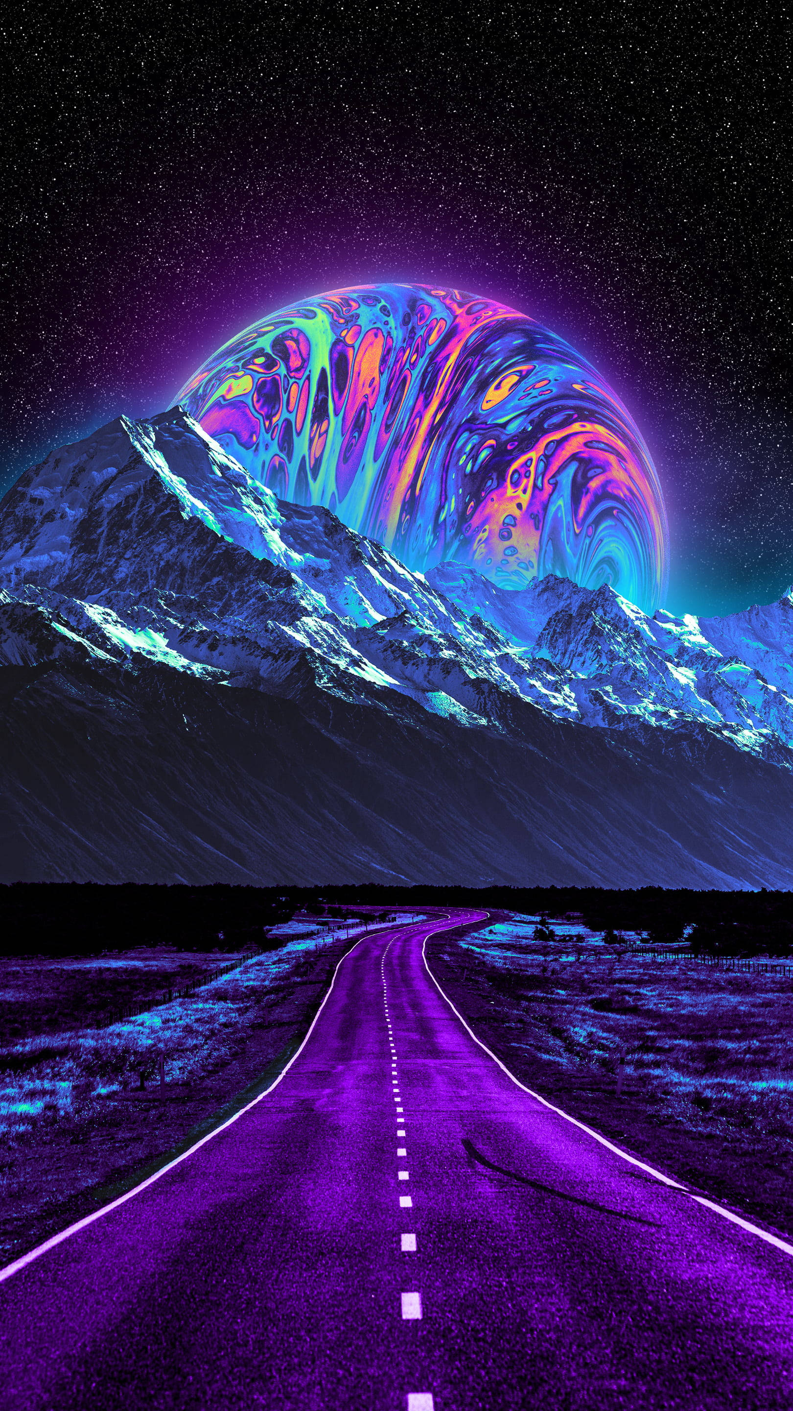 Dark Purple iPhone, glowing purple road, snow-capped mountains, 2K Phone Wallpaper
