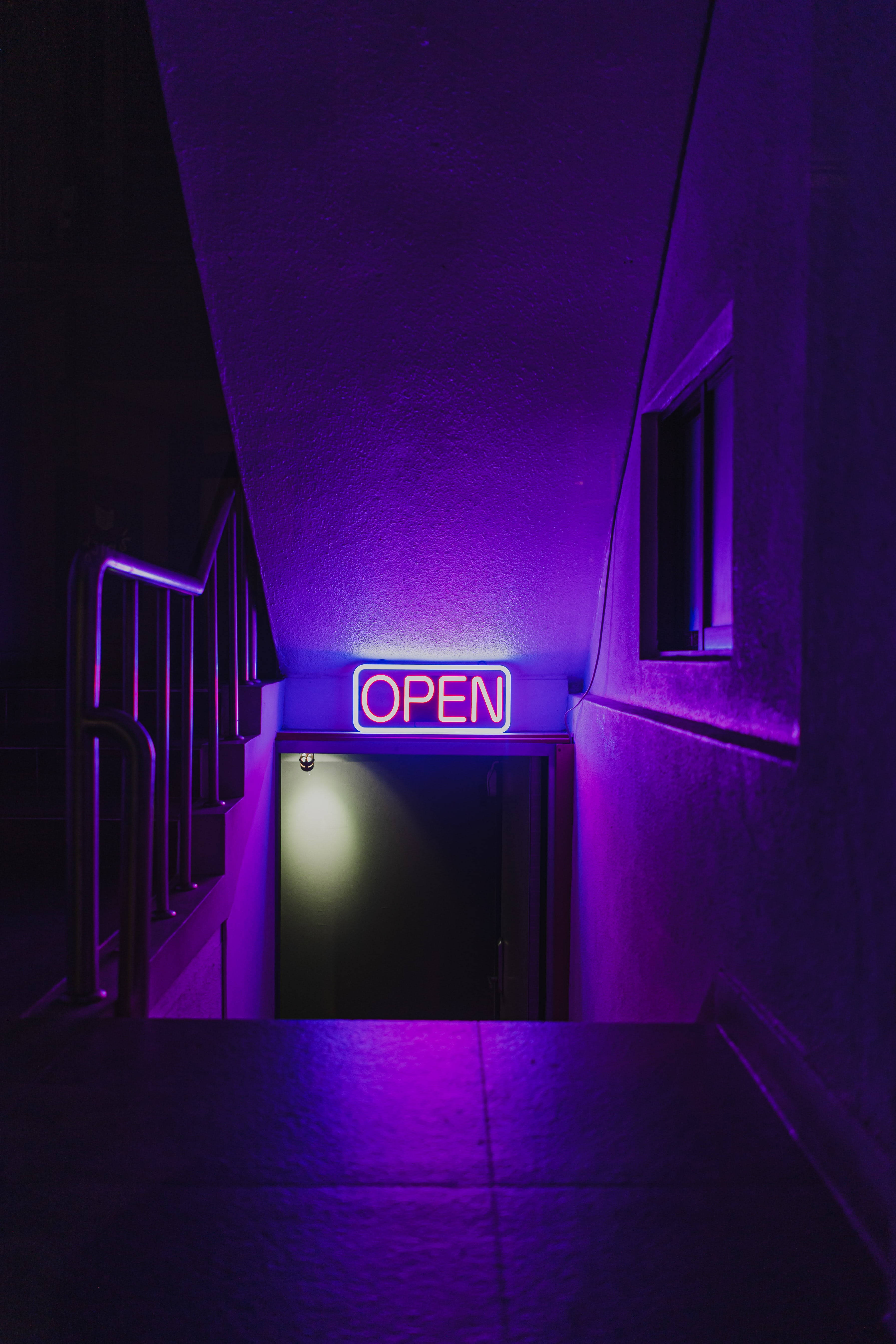 Neon open sign, Dark Purple, Stairwell, 5K Phone Wallpaper