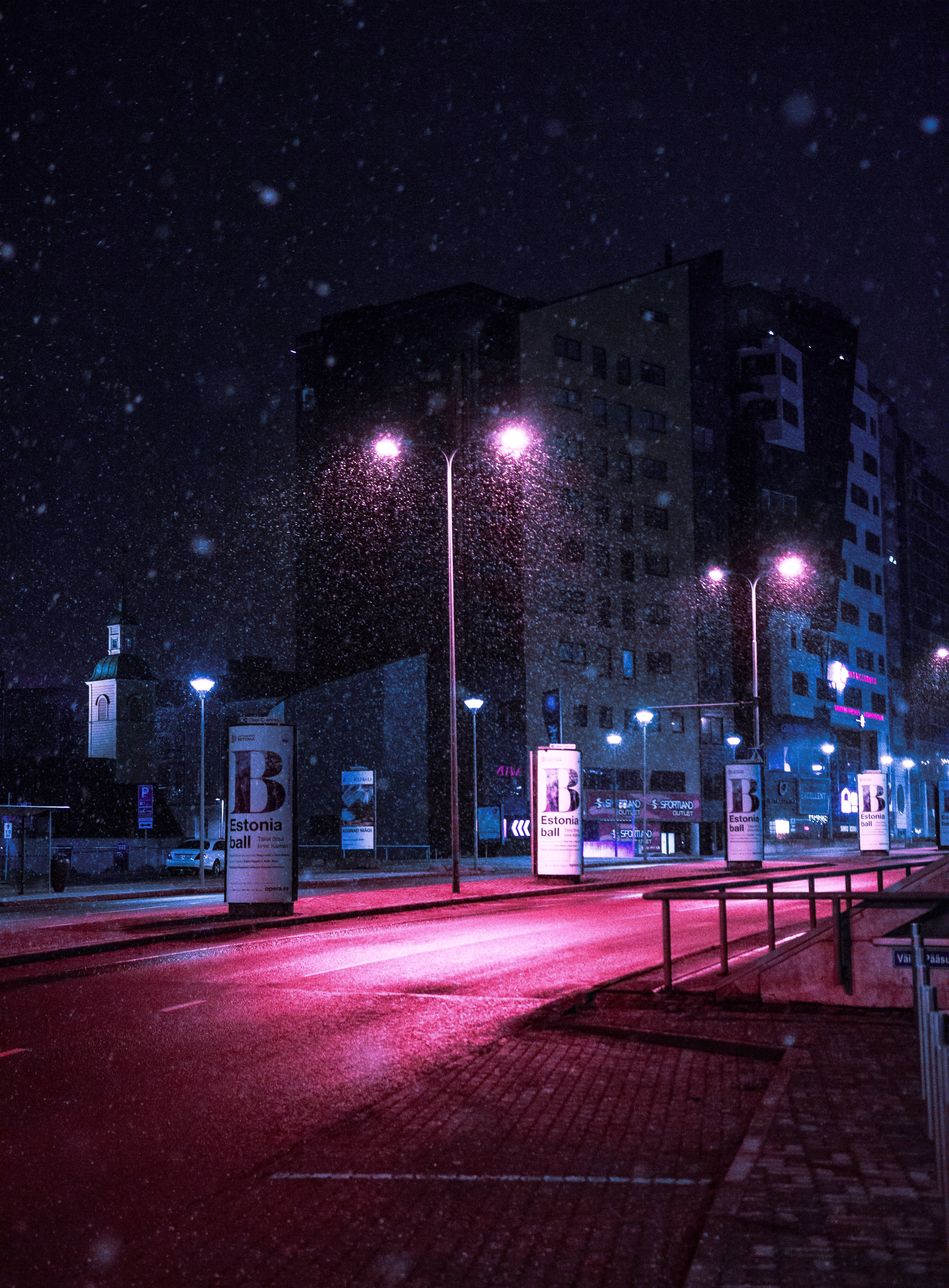 City Street Lamps, dark purple, neon-lit city streets, 4K Phone Wallpaper