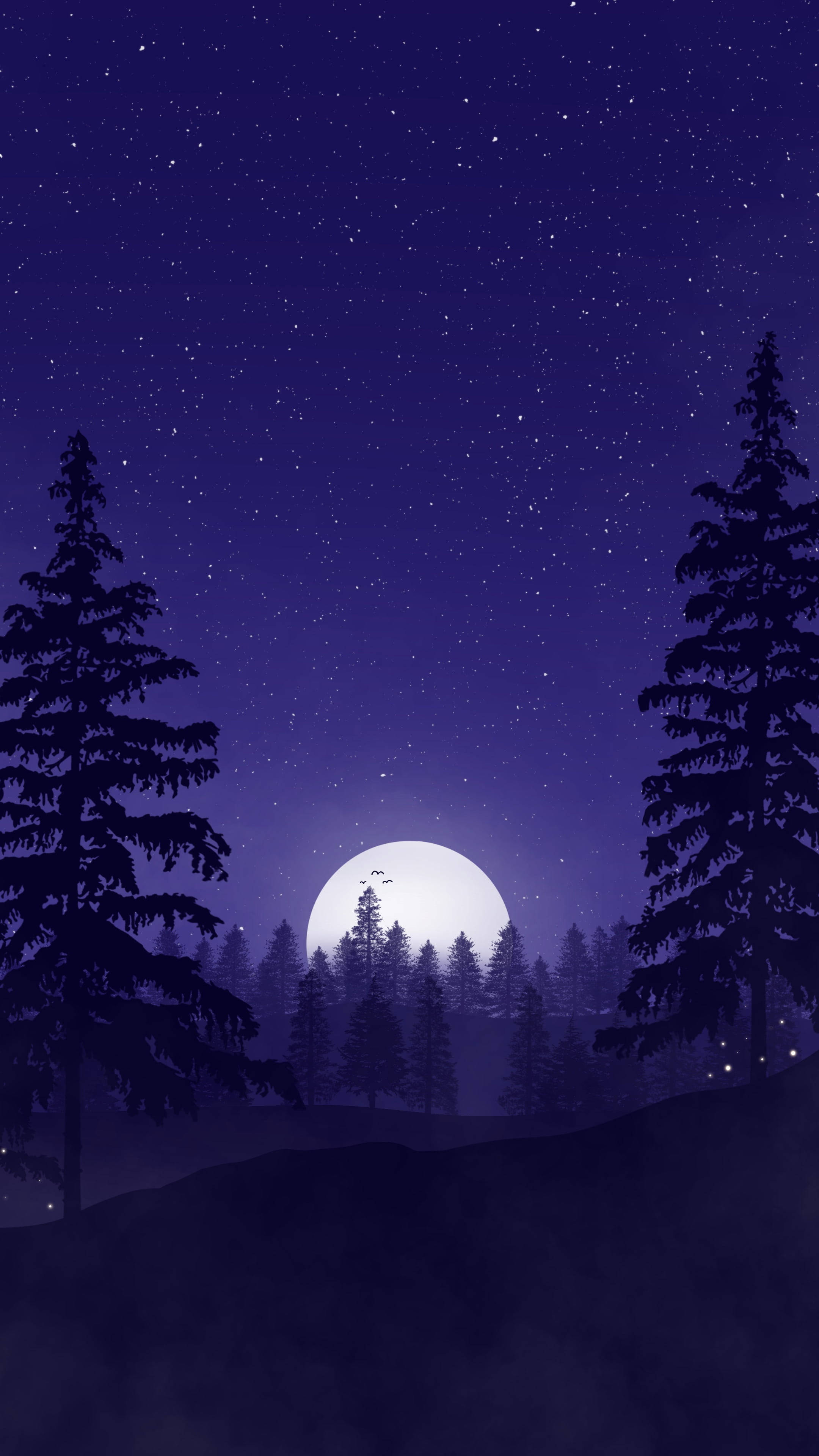 Full Moon, Dark Purple iPhone, pine trees, 4K Phone Wallpaper
