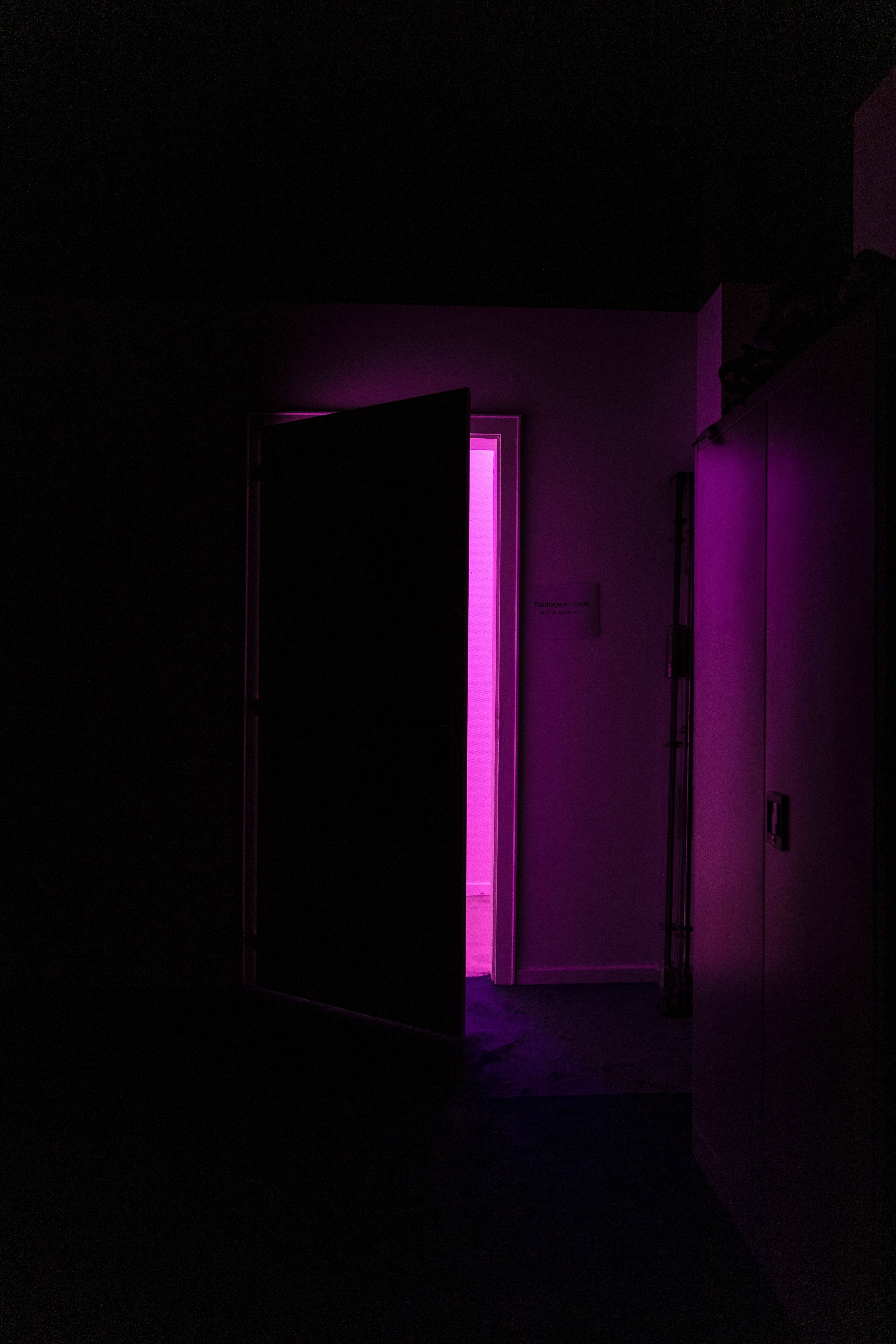 Dark Purple iPhone, open door, dark hallway, 5K Phone Wallpaper