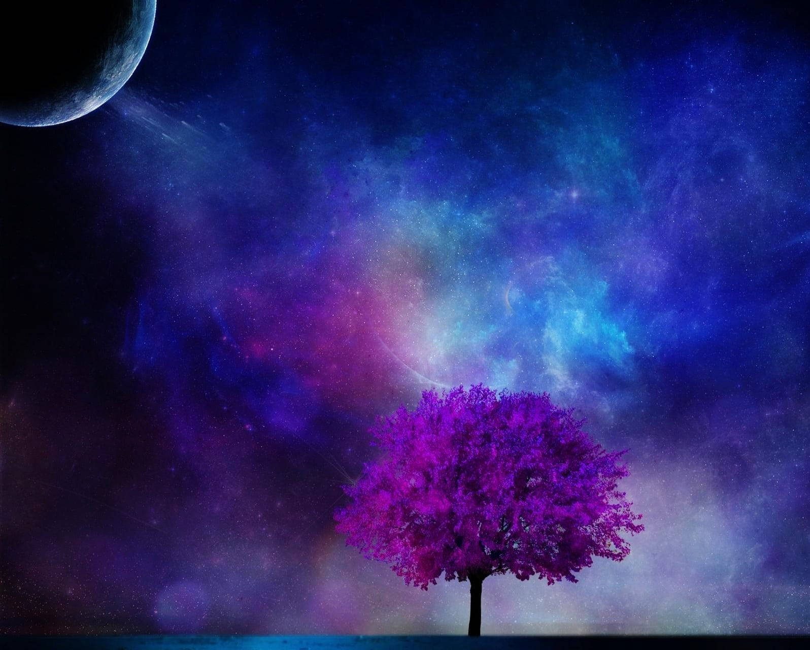 Dark Purple Tree And Galaxy, crescent moon, swirling nebulae, HD Desktop Wallpaper