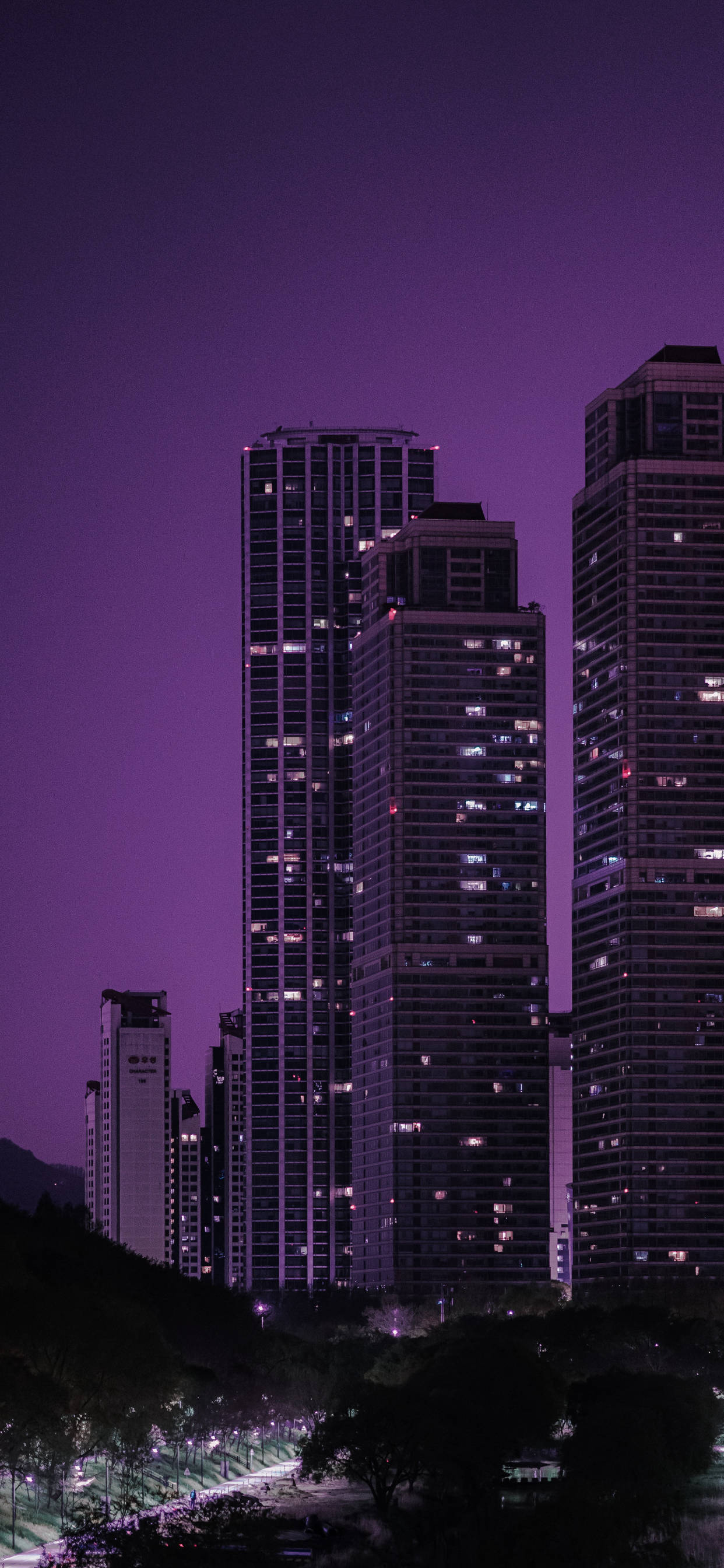 skyscrapers, dark purple sky, warm lights, 2K Phone Wallpaper