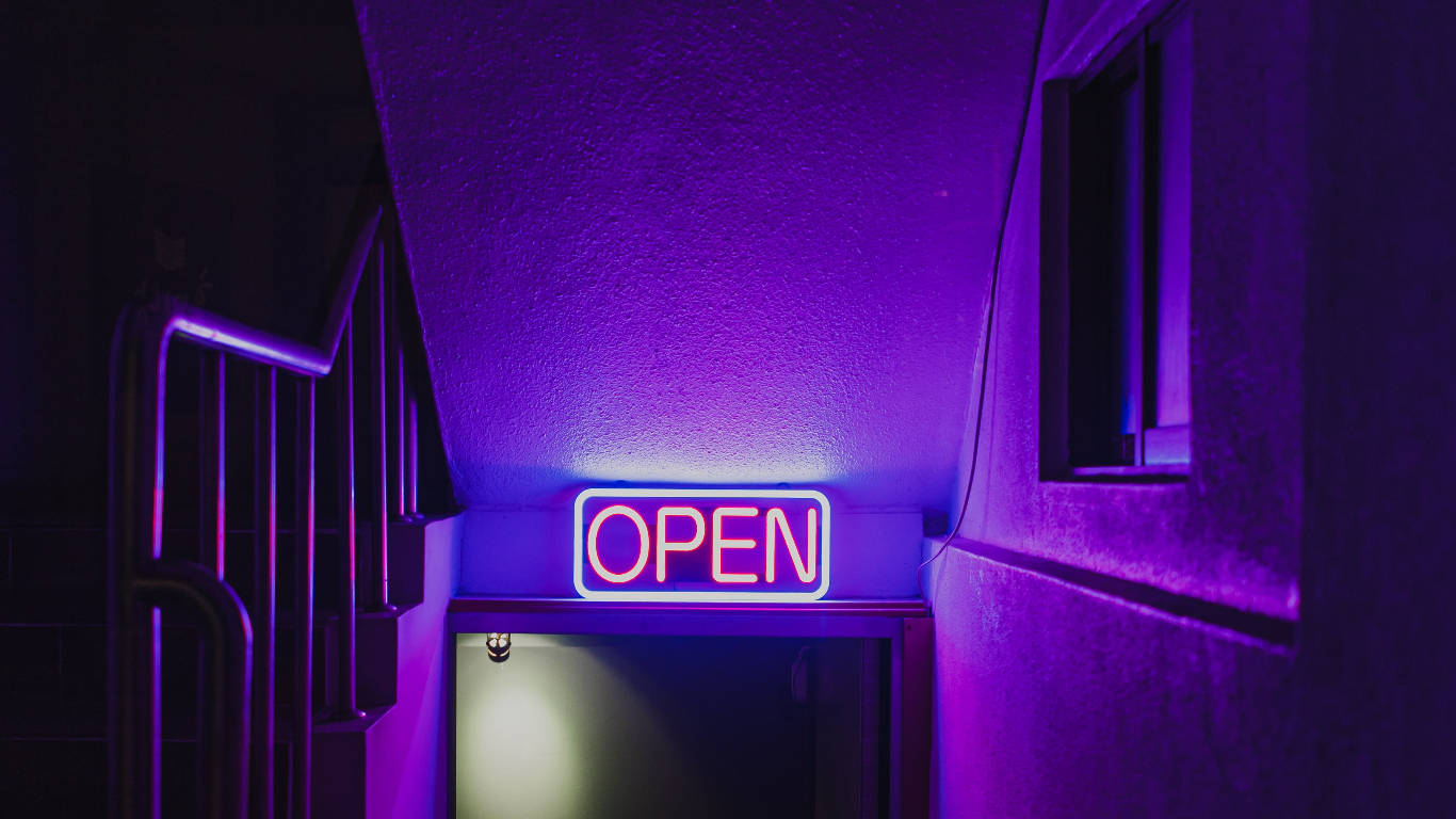 Dark Purple Staircase, neon open sign, glowing purple neon, HD Desktop Wallpaper