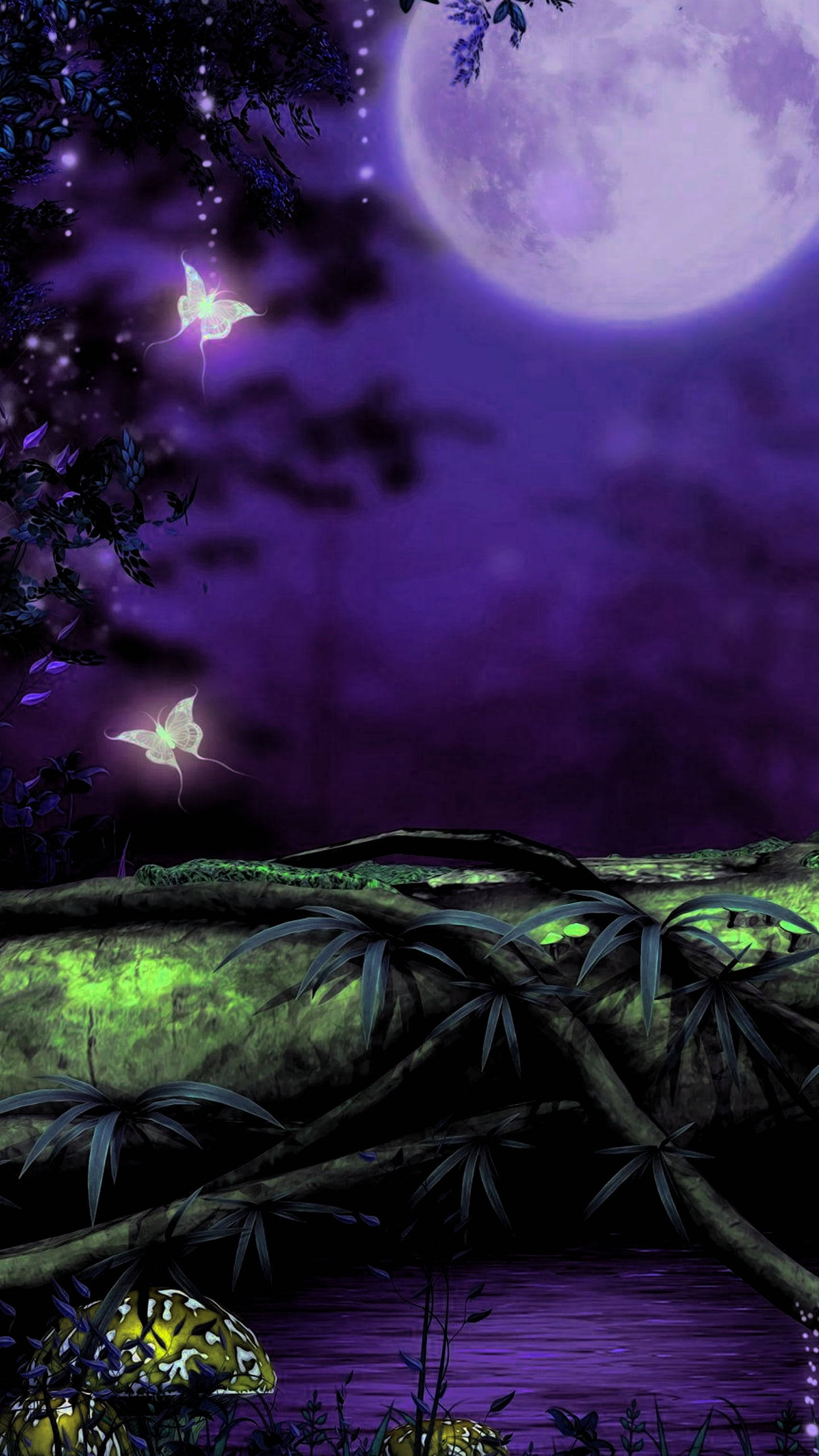 Magical Night Forest, dark purple, glowing butterflies, 2K Phone Wallpaper