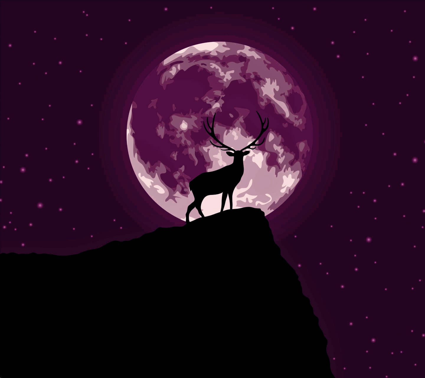 deer silhouette, cliff, glowing purple moon, HD Desktop Wallpaper