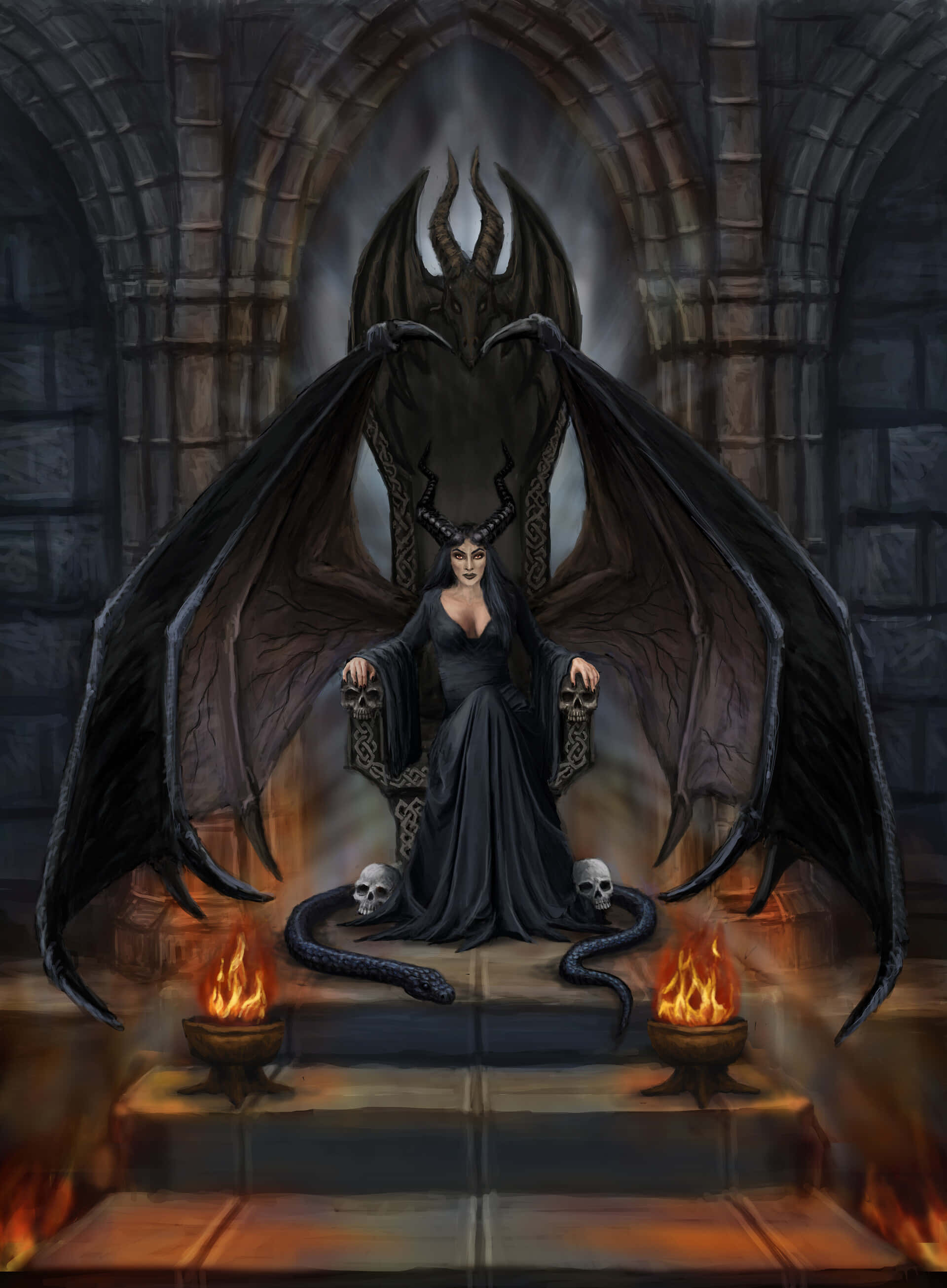 Dark Queen, stone throne, gothic cathedral, 2K Phone Wallpaper