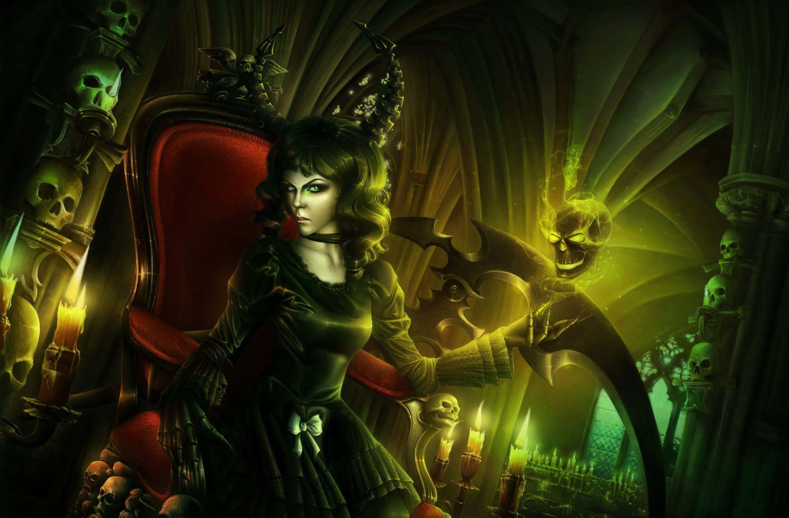 Dark Queen, red throne, skulls, 2K Desktop Wallpaper