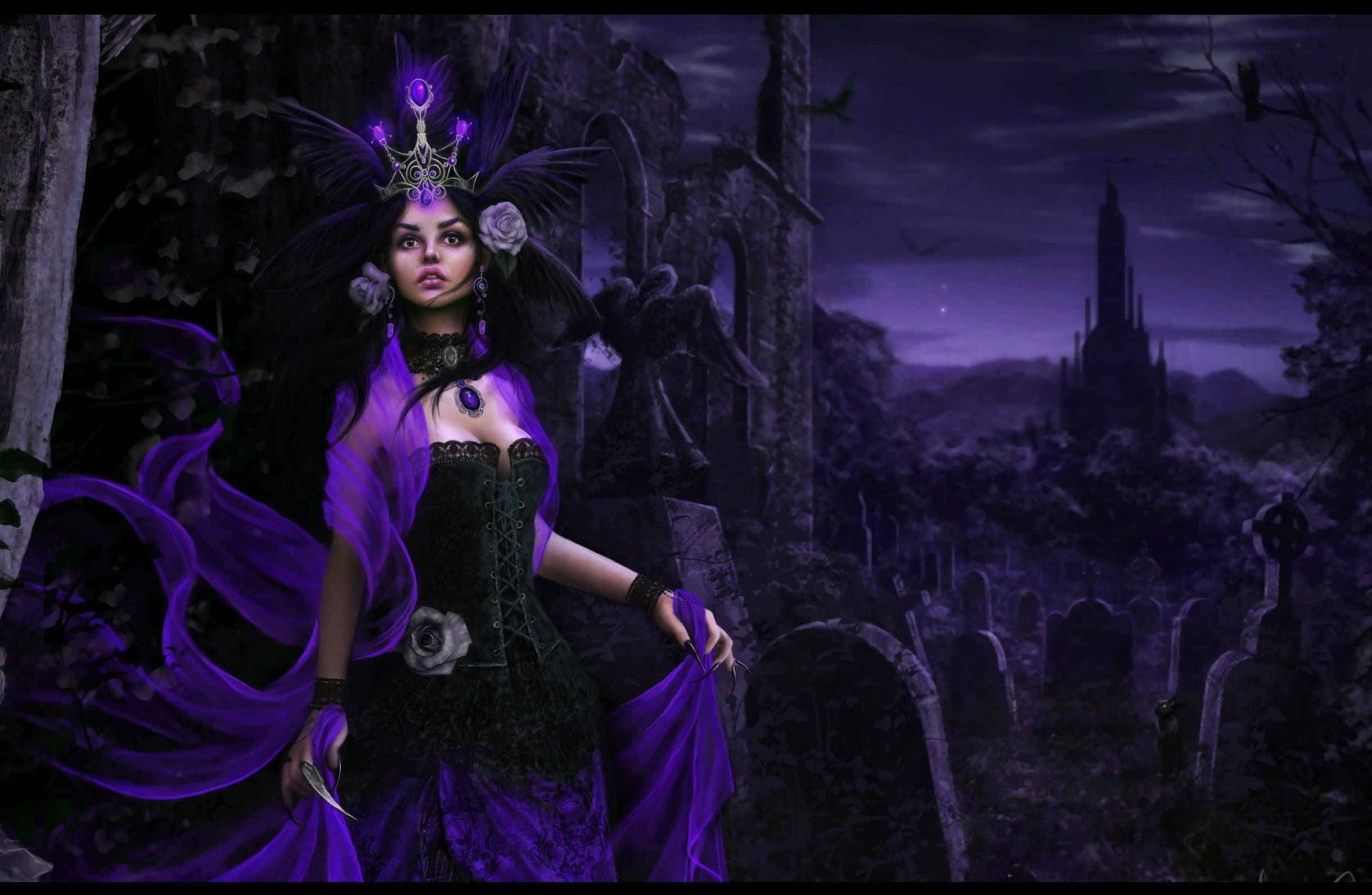Dark Queen, purple gown, moonlit graveyard, Full HD Desktop Wallpaper