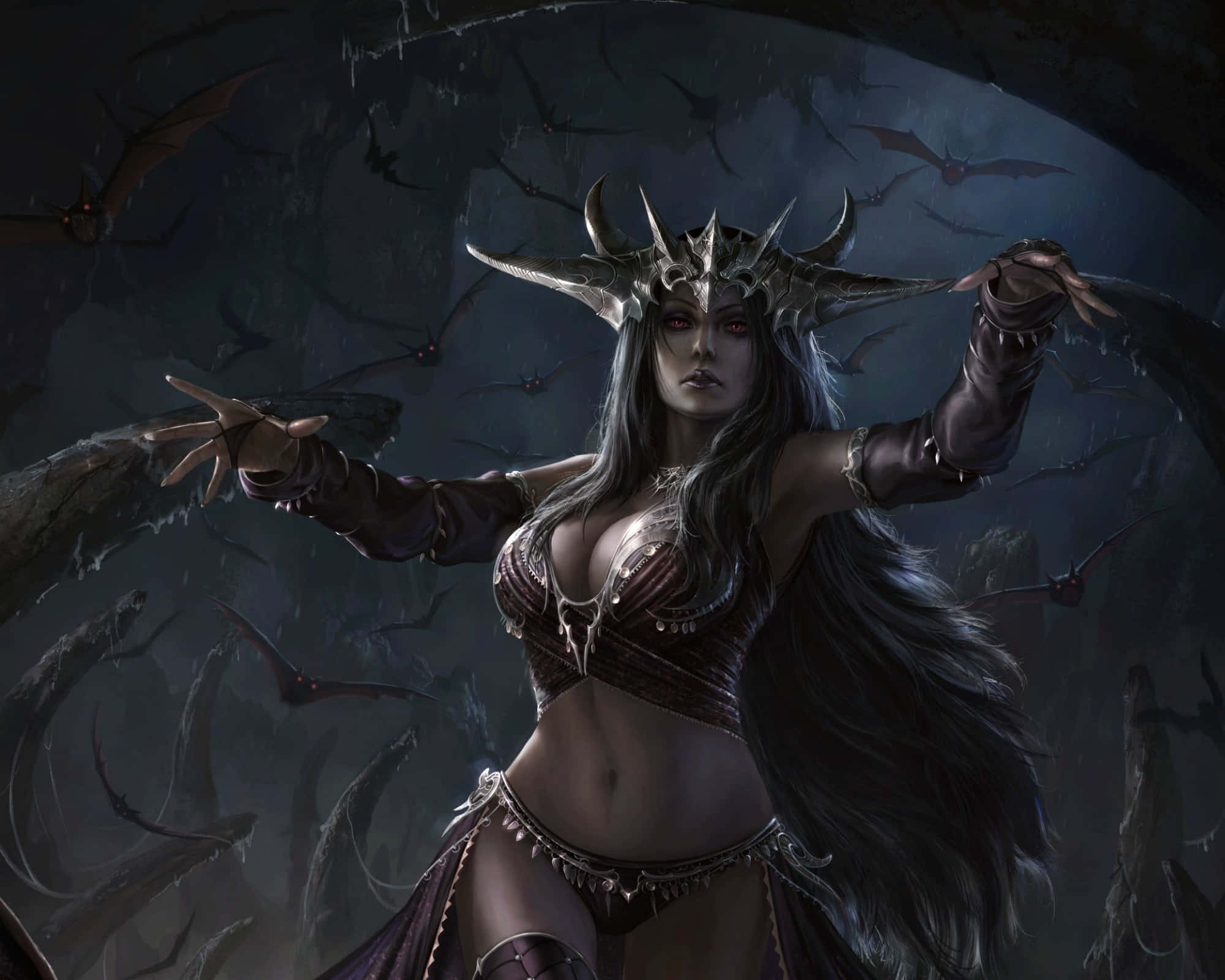 Dark Queen, spiked crown, flowing black hair, Full HD Desktop Wallpaper
