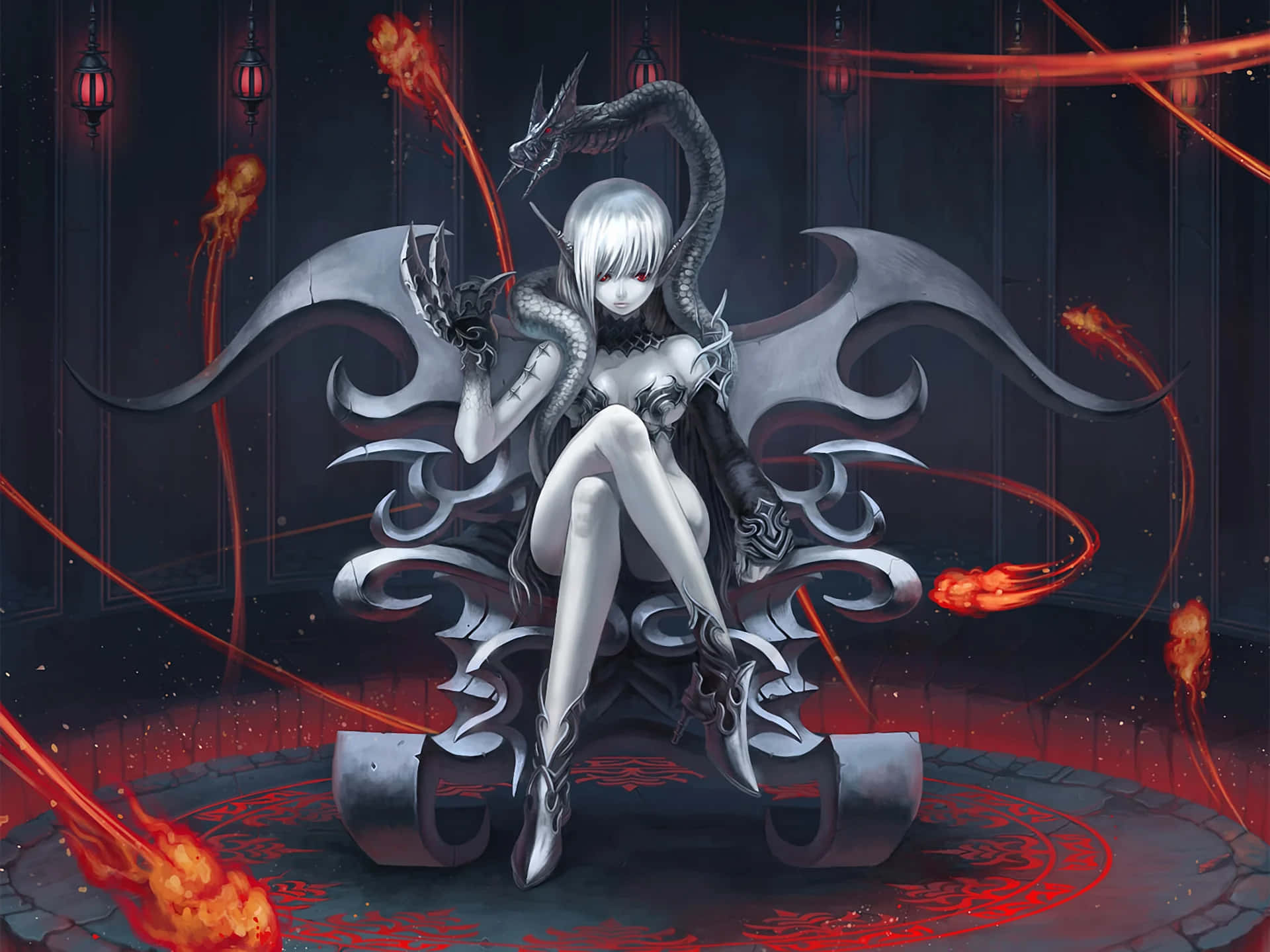 Dark Queen, silver-haired anime demoness, red eyes, Full HD Desktop Wallpaper