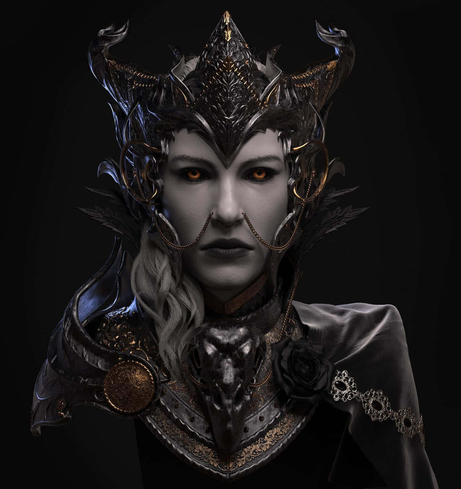 Dark Queen, glowing orange eyes, black and gold armor, HD Phone Wallpaper