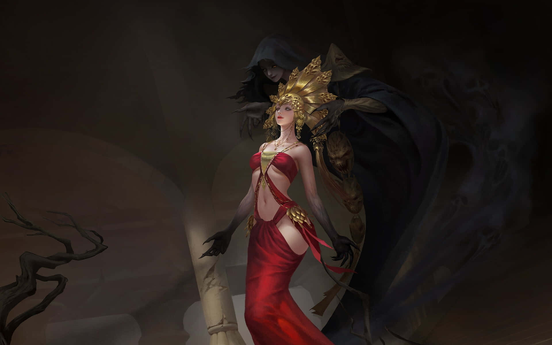 Dark Queen, red gown, golden crown, Full HD Desktop Wallpaper
