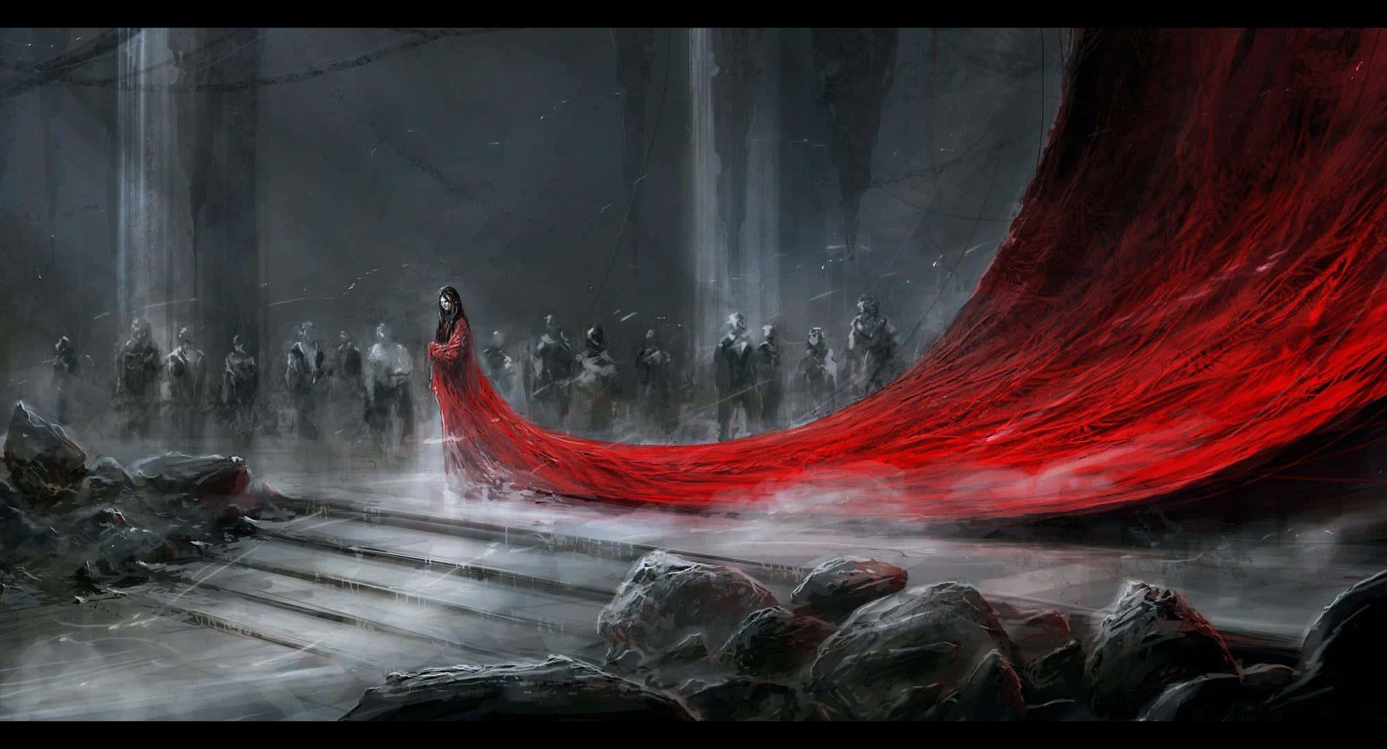 Dark Queen, red gown, misty gothic ruin, Full HD Desktop Wallpaper