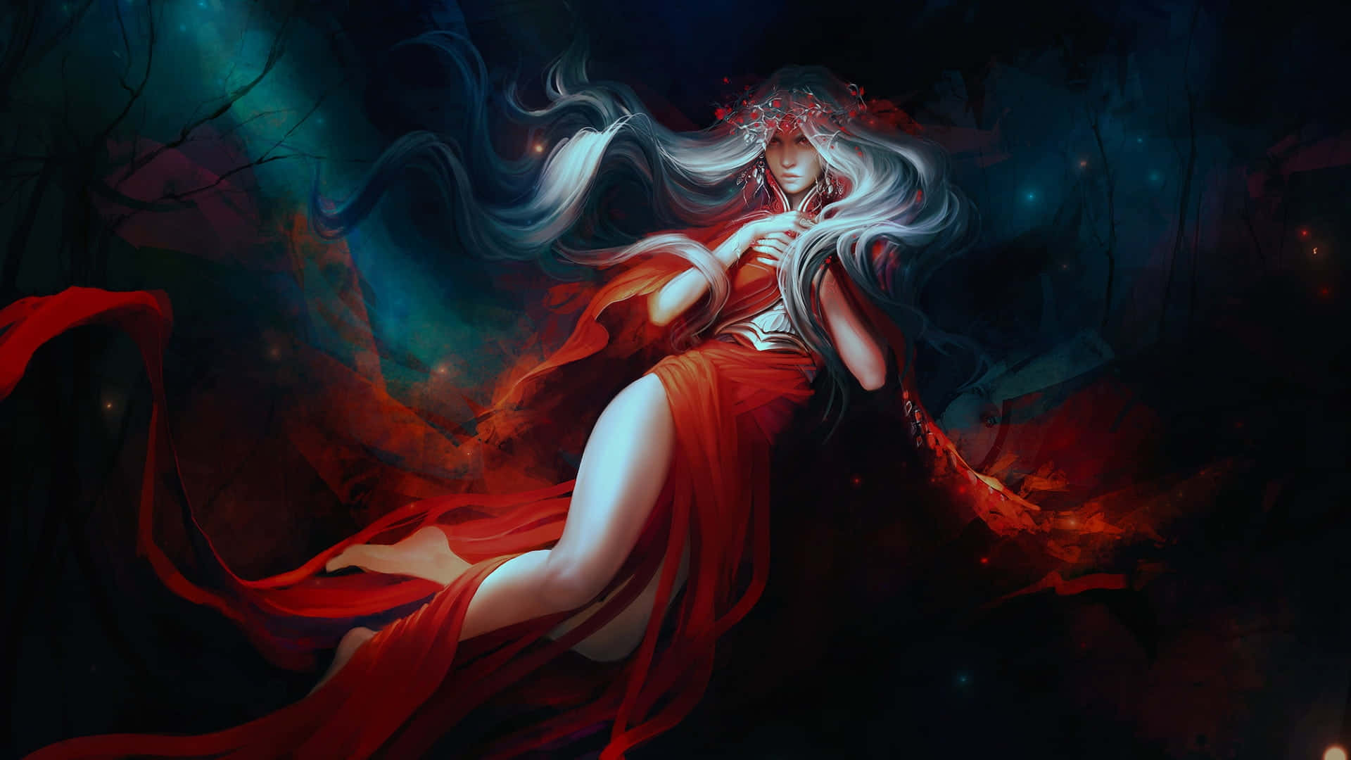 Dark Queen, white hair, red gown, Full HD Desktop Wallpaper