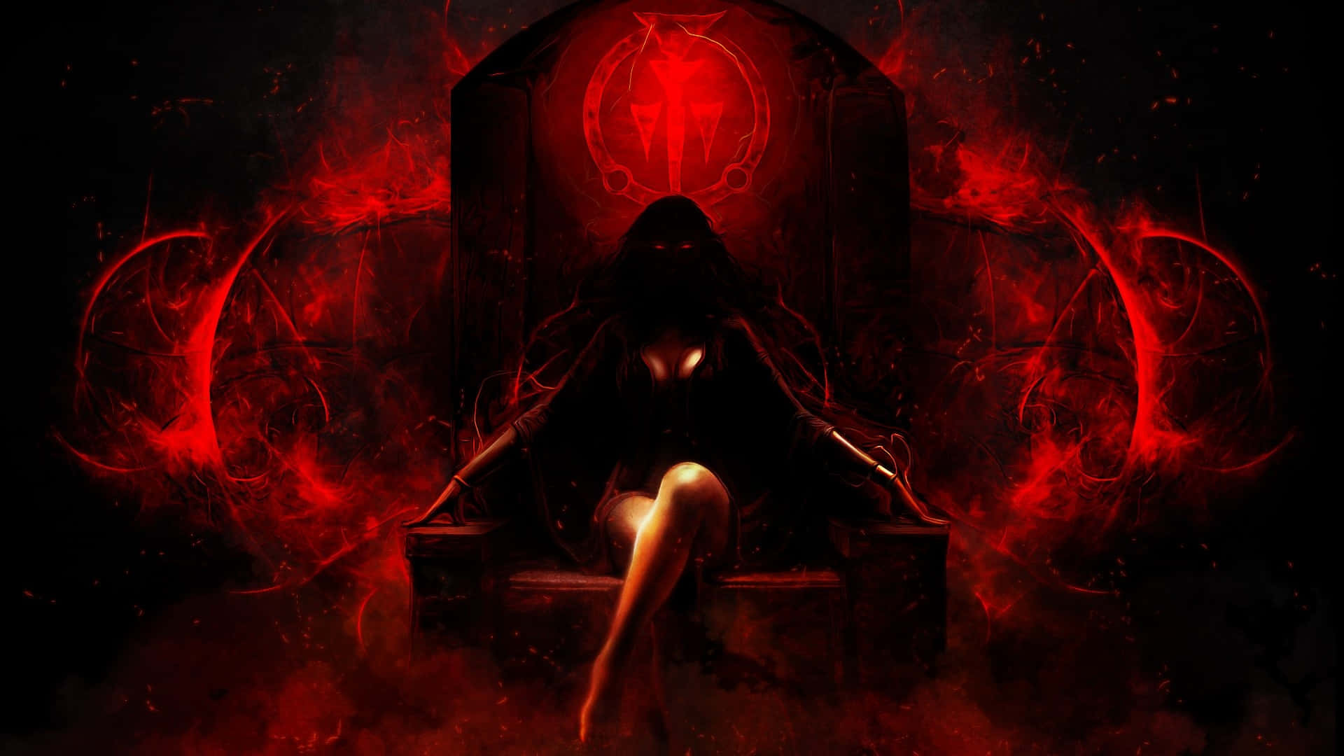Dark Queen, hooded figure, swirling red flames, Full HD Desktop Wallpaper
