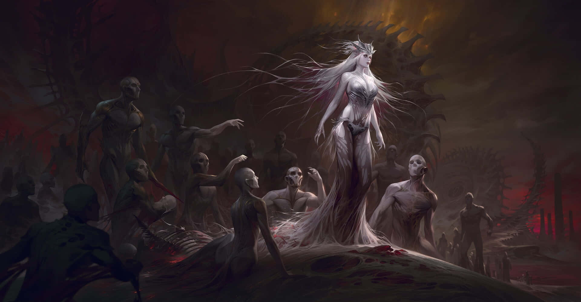 Dark Queen, pale ethereal woman, flowing white hair, Full HD Desktop Wallpaper