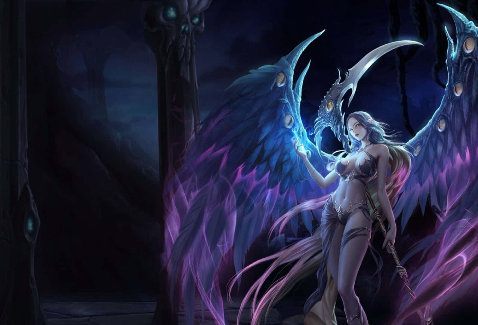 Dark Queen, glowing blue and purple wings, dark mystical forest, HD Desktop Wallpaper