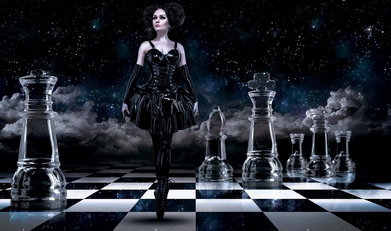 Dark Queen, black corseted dress, giant chessboard, HD Desktop Wallpaper