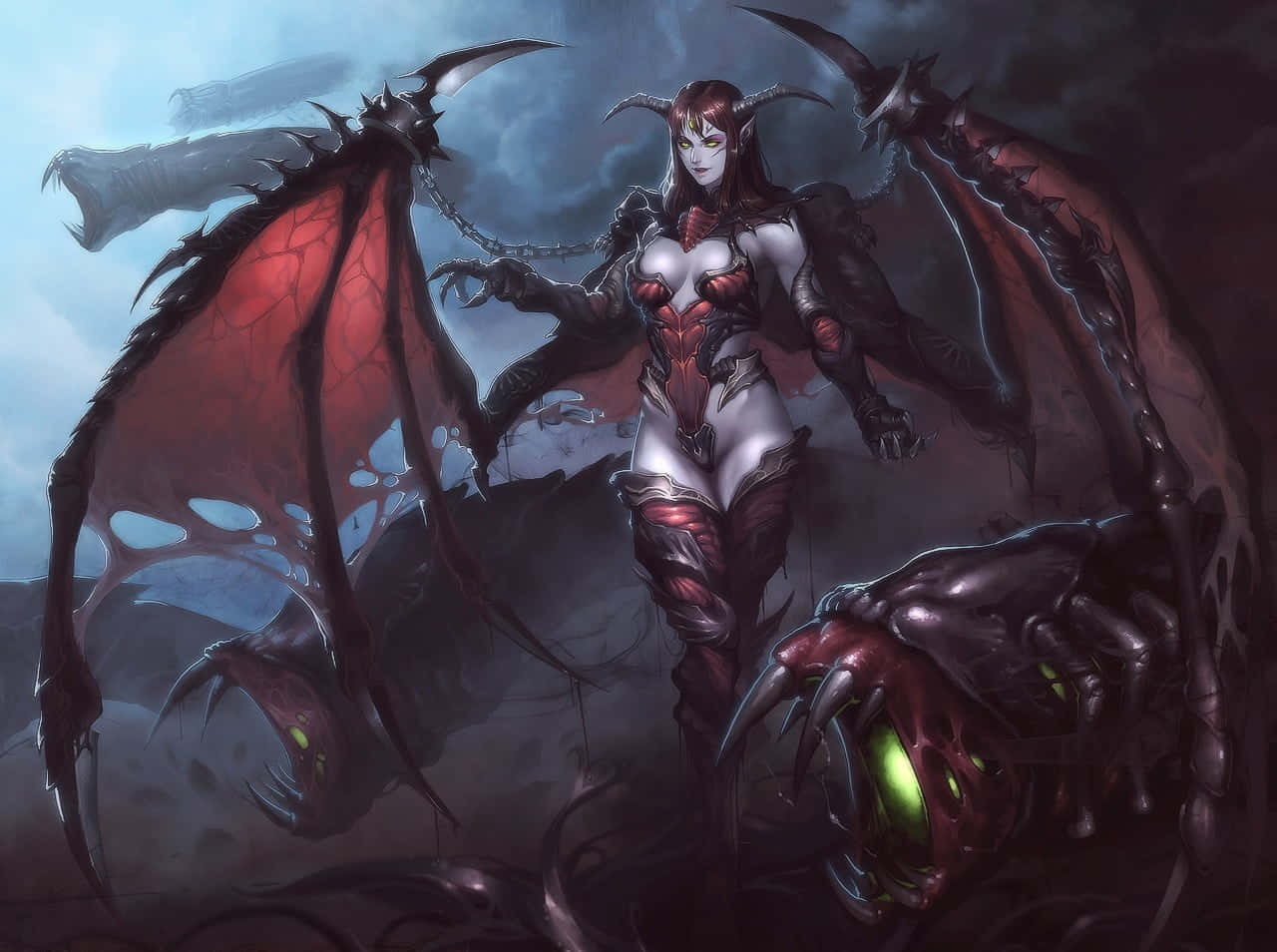 Dark Queen, red wings, horns, HD Desktop Wallpaper