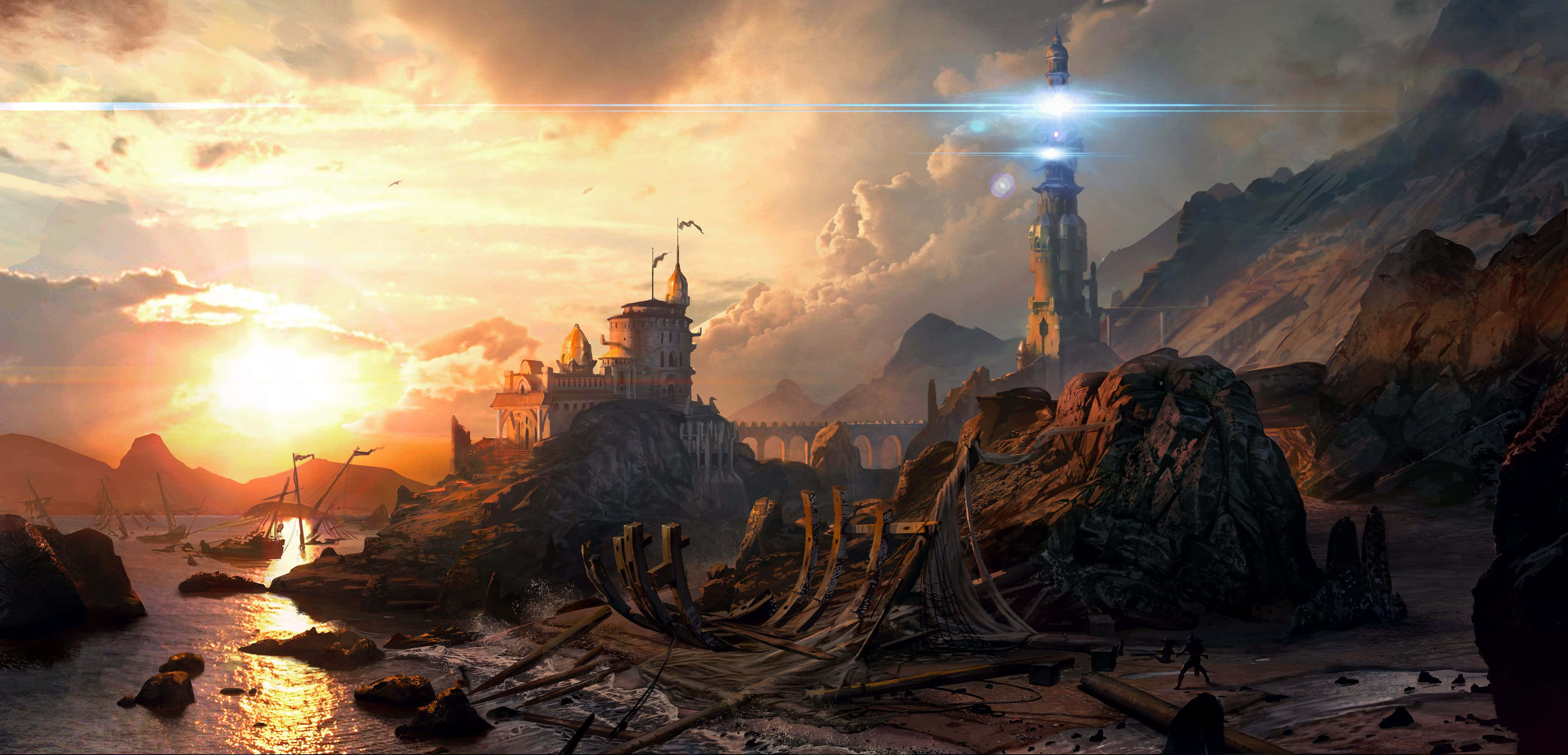 Dark Realm, sunset, coastal fortress, 4K Desktop Wallpaper
