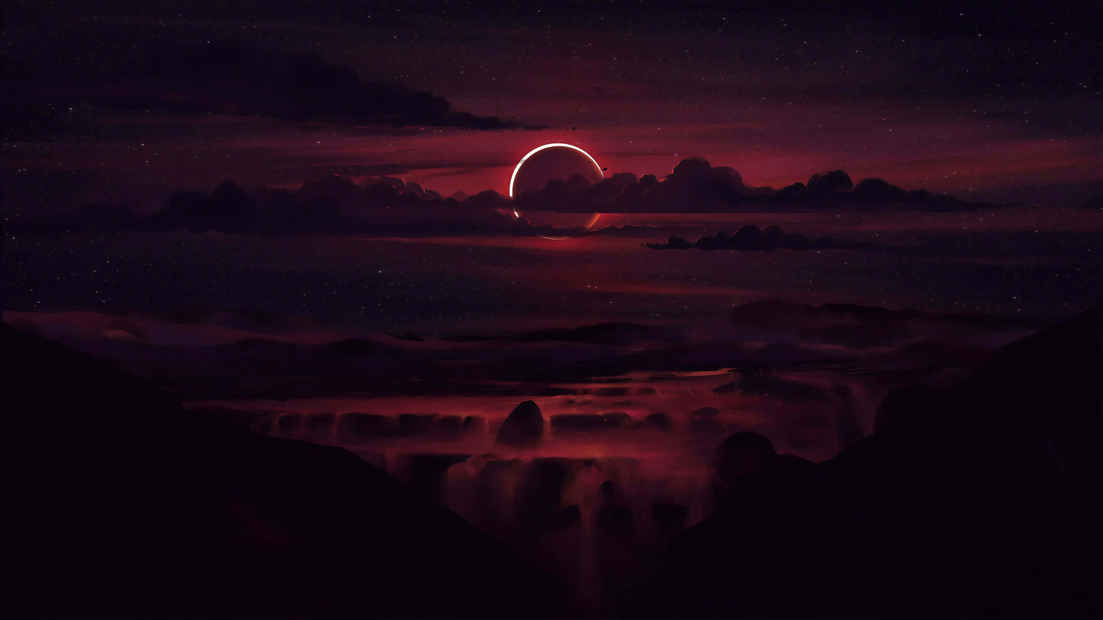 Dark Realm, celestial eclipse, misty mountain valley, 4K Desktop Wallpaper