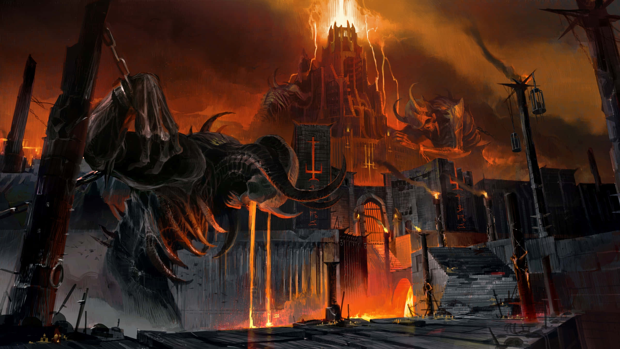 Dark Realm, demonic dragon, ruined fortress, 2K Desktop Wallpaper