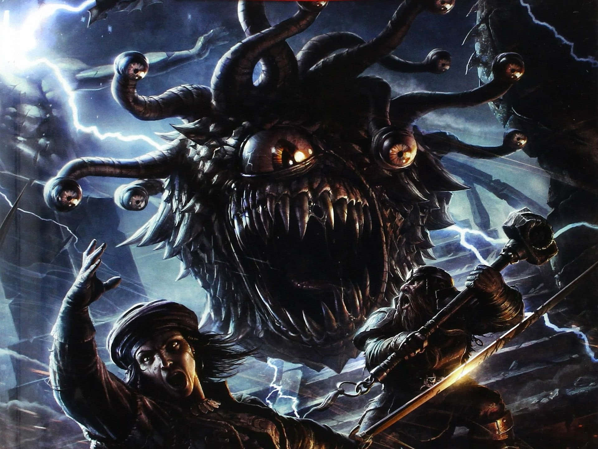 Dark Realm, warriors, monstrous multi-eyed beast, Full HD Desktop Wallpaper