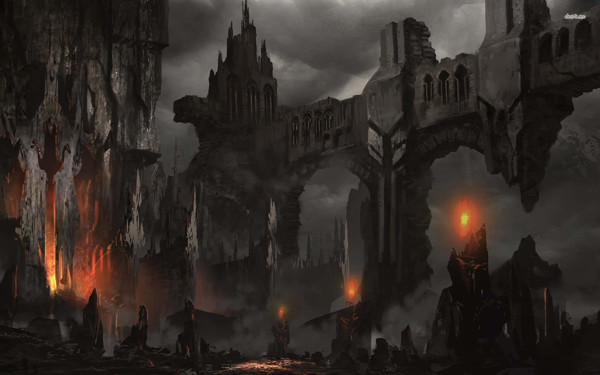 Dark Realm, jagged stone arches, glowing orange torches, Full HD Desktop Wallpaper