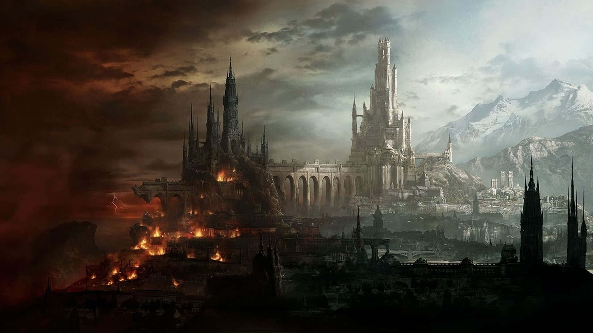 Dark Realm, gothic castle complex, cliffside, Full HD Desktop Wallpaper