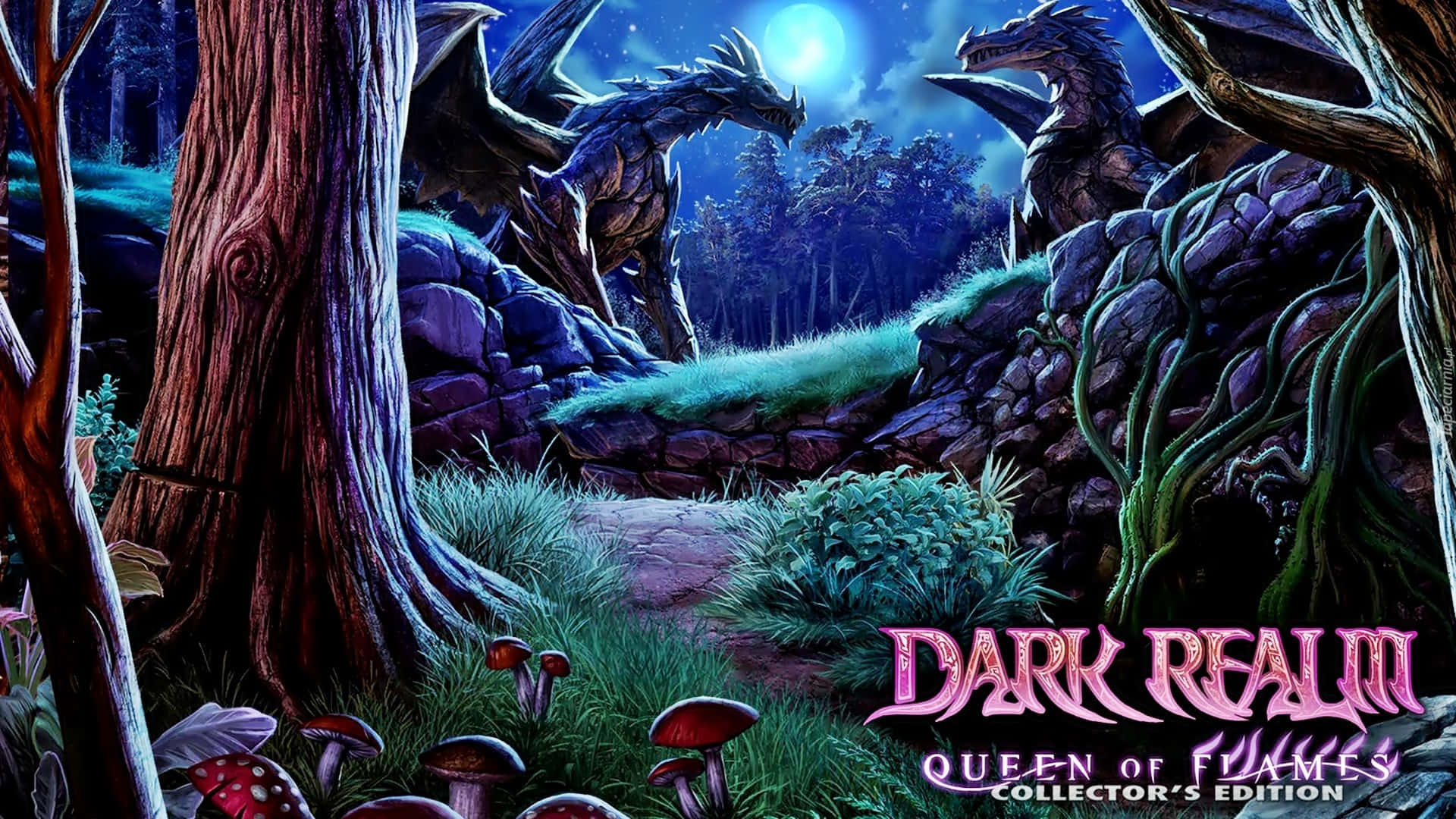 Dark Realm, moonlit forest, glowing mushrooms, Full HD Desktop Wallpaper